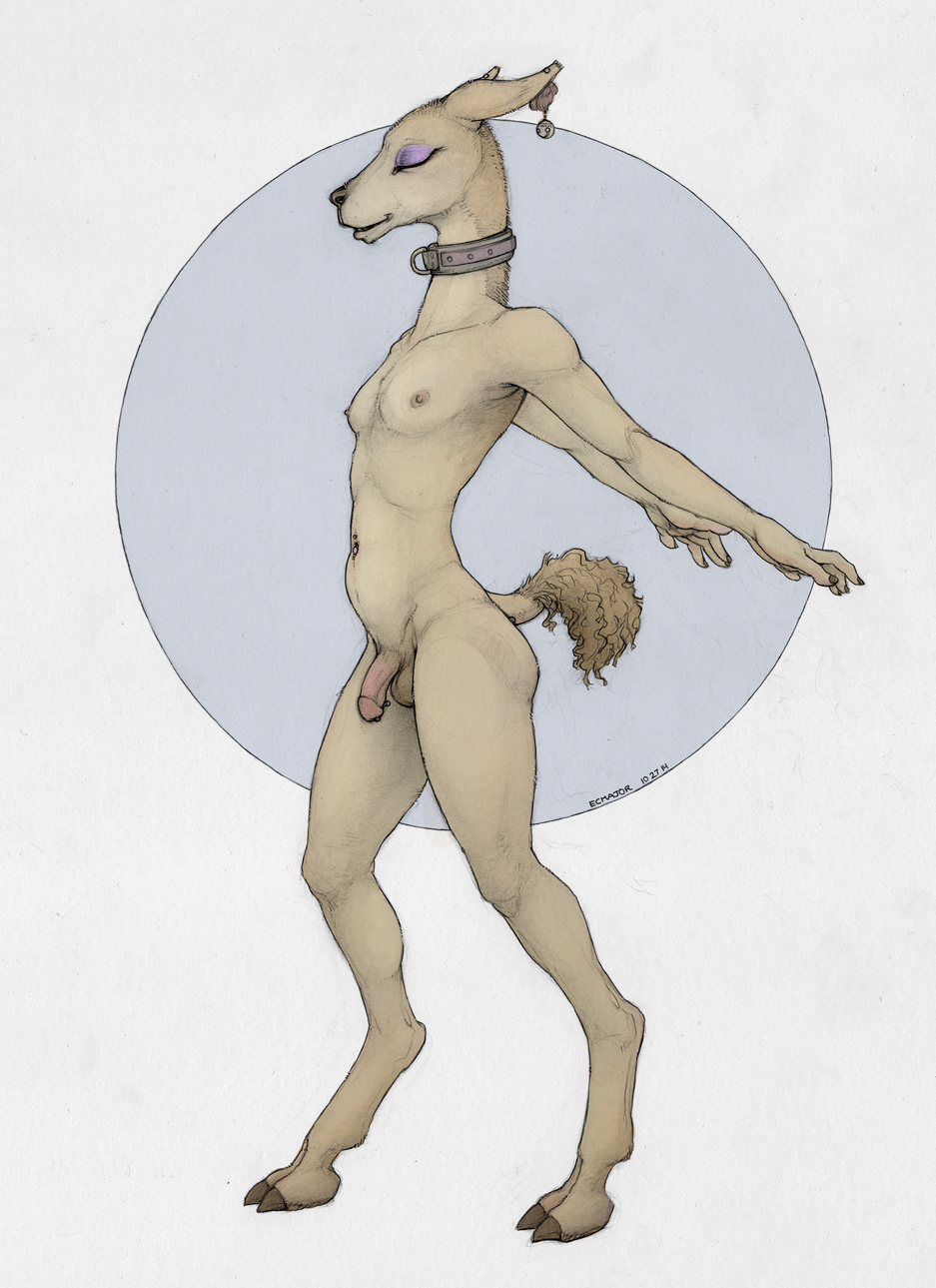 1futa 2014 anthro balls breasts camelid closed_eyes collar ear_piercing ecmajor flaccid furry futa_only futanari guanaco hair hairless hooves intersex mammal navel navel_piercing nipples nude penis piercing raised_tail santiago small_breasts smile solo