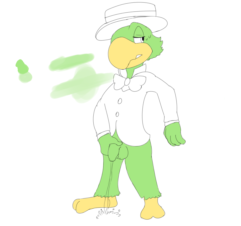 1boy 2016 4_fingers anthro anthro_only avian balls bird boater_hat bodily_fluids bottomless bottomless_male bow_tie clothed clothing color_swatch digital_media_(artwork) disney dress_shirt feathers fingers flaccid foreskin front_view furry furry_only genital_fluids genitals green_balls green_body green_feathers green_penis half-closed_eyes hat headgear headwear humanoid_genitalia humanoid_penis jose_carioca male male_peeing narrowed_eyes no_humans nobodyshouse parrot peeing peeing_on_ground penis shirt shy simple_background solo sweat sweatdrop the_three_caballeros topwear unfinished urine white_background