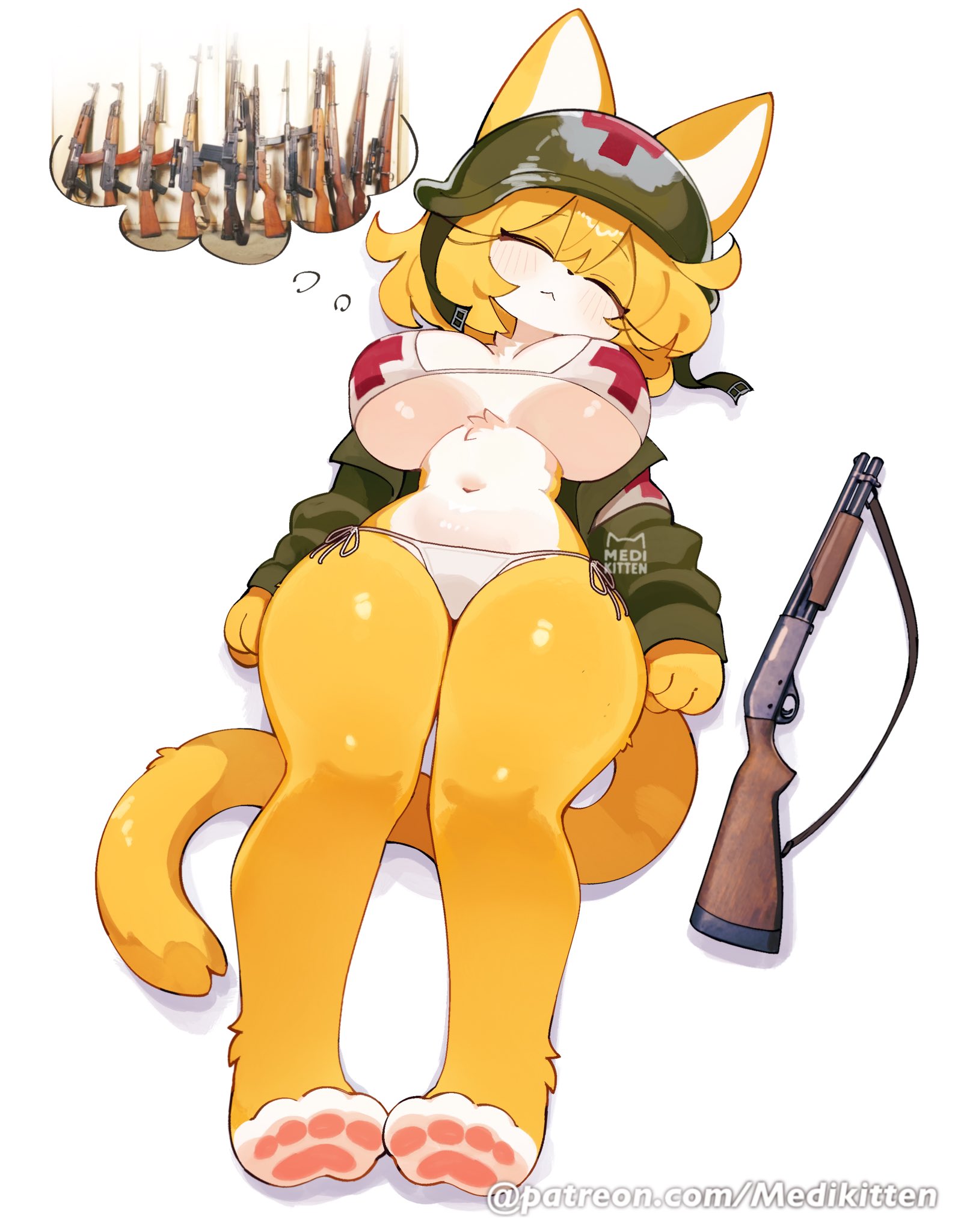 1girls, anthro, anthro female, big breasts, bikini, breasts, domestic cat, female, furry, furry female, gun, kat kitt, katie (kat kitt), katie (medikitten), medikitten, military uniform, oc, original, original character, shotgun, sleeping, soldier uniform, weapon