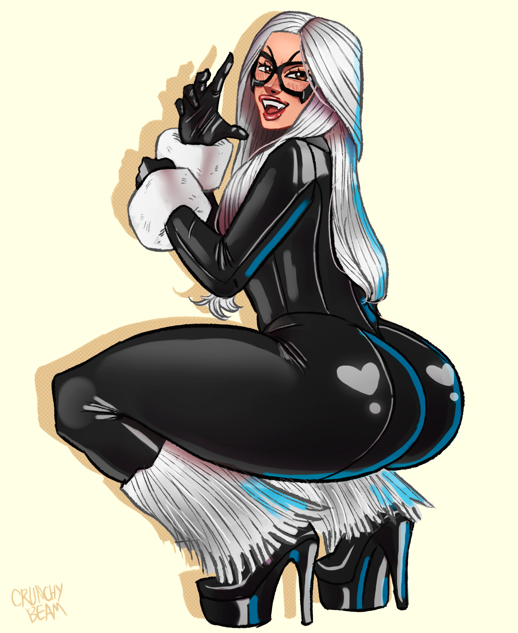 1girls, 2025, alluring, ass, big ass, big butt, black cat (marvel), bodysuit, crunchybeam, curvaceous, curvaceous body, curvaceous female, curvaceous figure, curvaceous hips, curvy, curvy body, curvy female, curvy figure, curvy hips, enticing, fangs, felicia hardy, female, hips, huge ass, huge butt, large ass, large butt, long hair, looking at viewer, marvel, marvel comics, mask, masked, masked female, massive ass, massive butt, red lipstick, seducing, shiny, shiny ass, shiny butt, shiny clothes, skin tight, smile, smiling, smiling at viewer, spider-man (series), squatting, squatting female, squatting pose, squatting position, superheroine, teasing, teasing viewer, temptation, tempting, tempting viewer, thick, thick ass, thick butt, thick hips, thick thighs, tight clothes, tight clothing, voluptuous, voluptuous female, white hair, wide hips