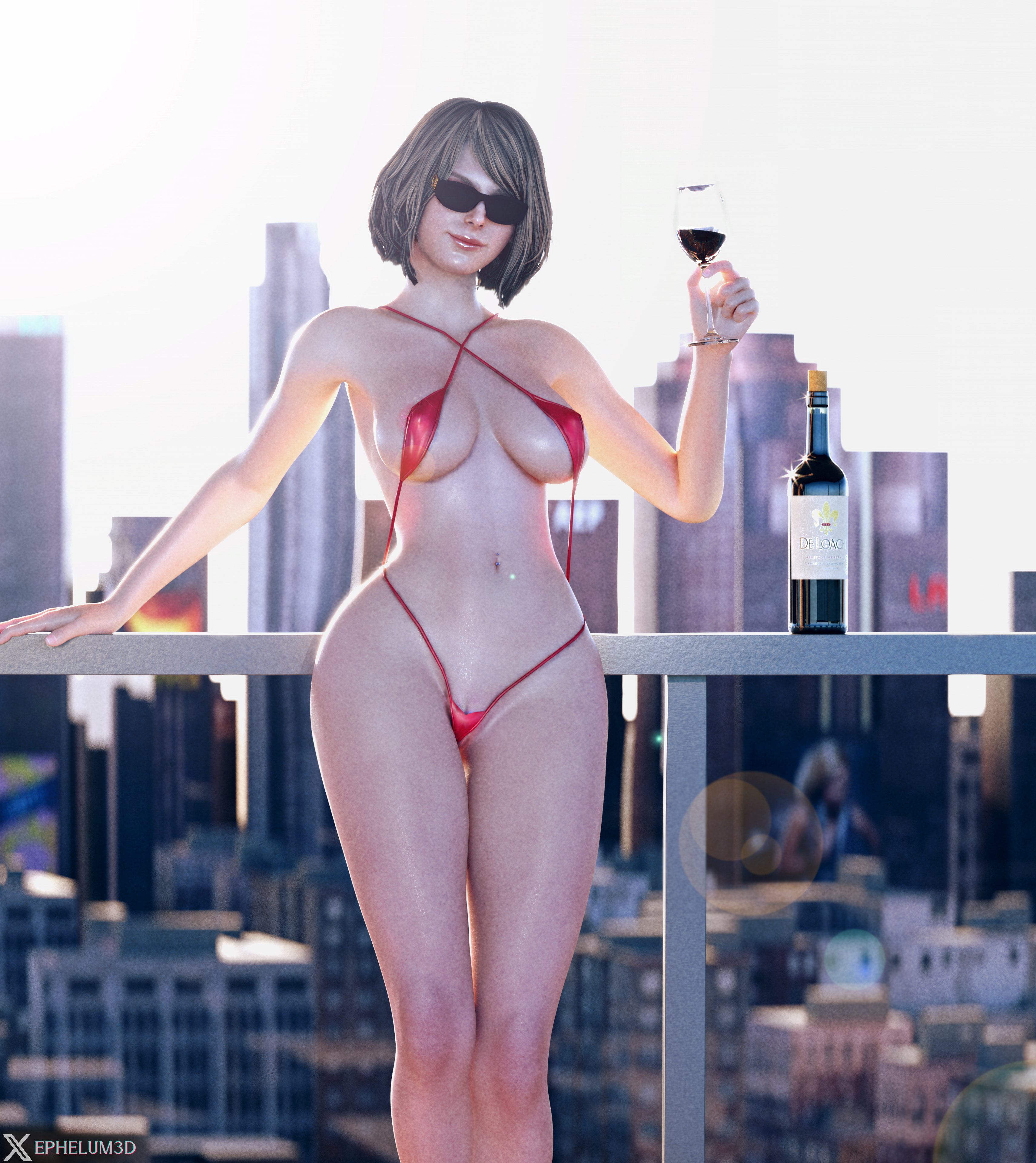 1girls, 3d, alcohol, alcohol bottle, ashley graham, ashley graham (ella freya), busty, capcom, ephelum3d, female, female focus, female only, hourglass figure, light skin, light-skinned female, resident evil, resident evil 4, resident evil 4 remake, sling bikini, solo, solo female, sunglasses, tagme, wide hips