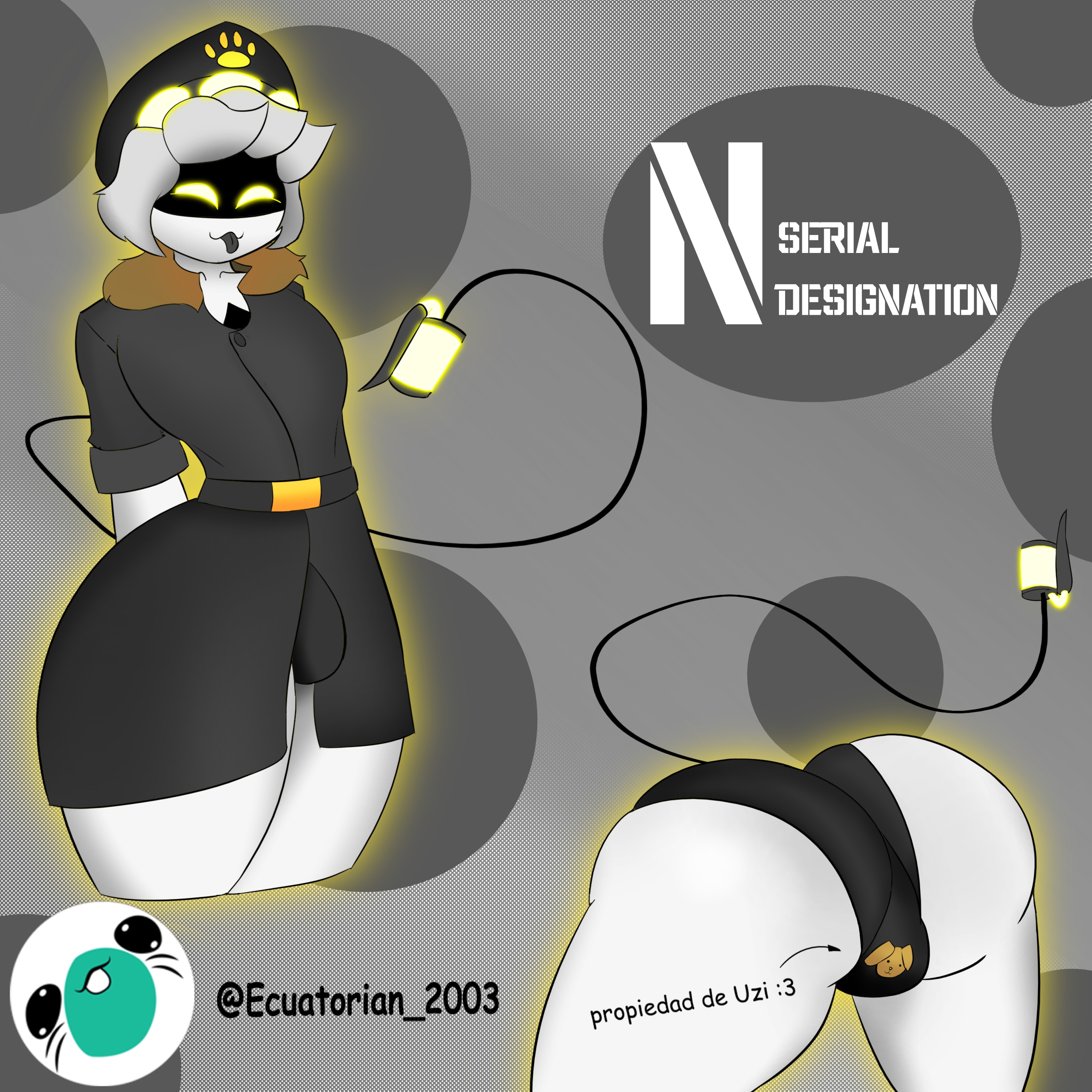 2d, 2d (artwork), arms behind back, artist name, big ass, big butt, big penis, bulge, ecuatorian 2003, eyes closed, femboy, glitch productions, high resolution, highres, jpeg, male, male only, murder drones, n (murder drones), robot, robot boy, simple background, spanish text, thick thighs, tongue, tongue out, twink