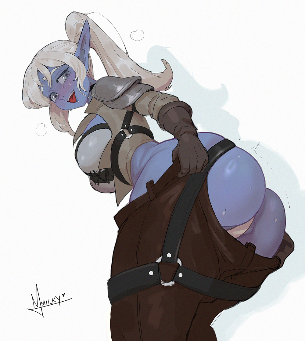 1girls, 2d, 2d (artwork), ass, bending forward, bending over, bent over, big ass, big breasts, blue body, blue skin, blush, breasts, bubble ass, bubble butt, digital drawing (artwork), digital media (artwork), elf, elf female, elf girl, female, female focus, female only, horny, horny female, league of legends, leaning, leaning forward, looking at viewer, looking back, mimi milky, panties, pants, pants down, poppy, pose, posing, presenting, presenting ass, showing off, simple background, tease, teasing, thick ass, thick thighs, watermark, white hair, white panties, yordle