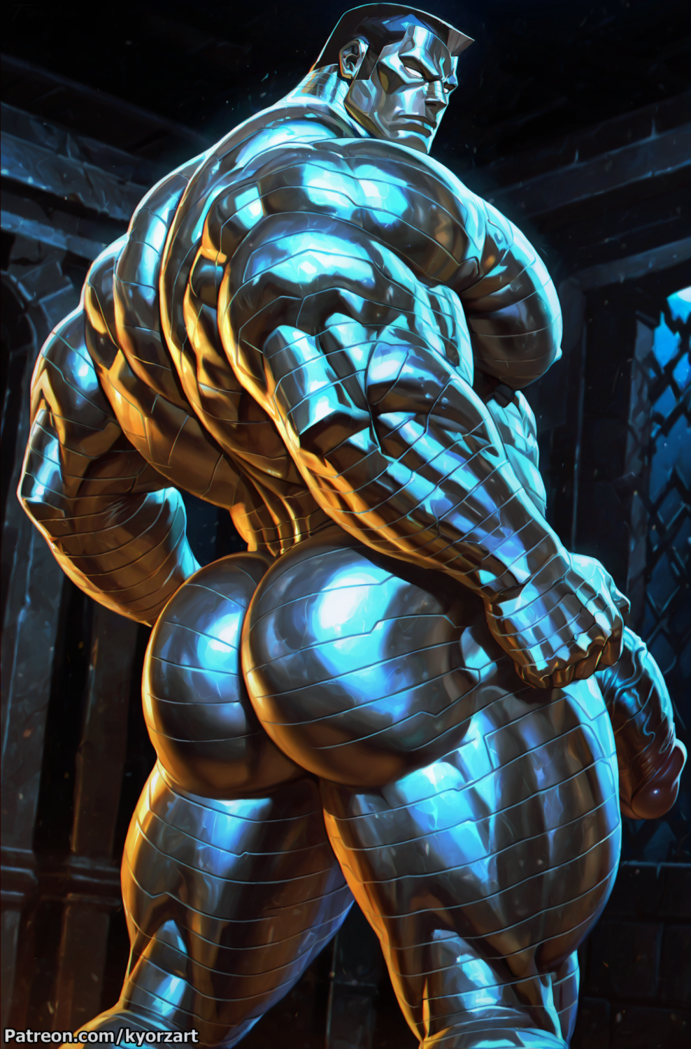 abs, ai generated, aroused, ass, balls, biceps, black hair, cock, colossus, erect penis, erection, focus on ass, kyorzart, male, male only, marvel, marvel comics, metallic body, muscles, muscular, muscular male, pecs, penis, piotr rasputin, serratus anterior, testicles, uncensored, x-men, yaoi