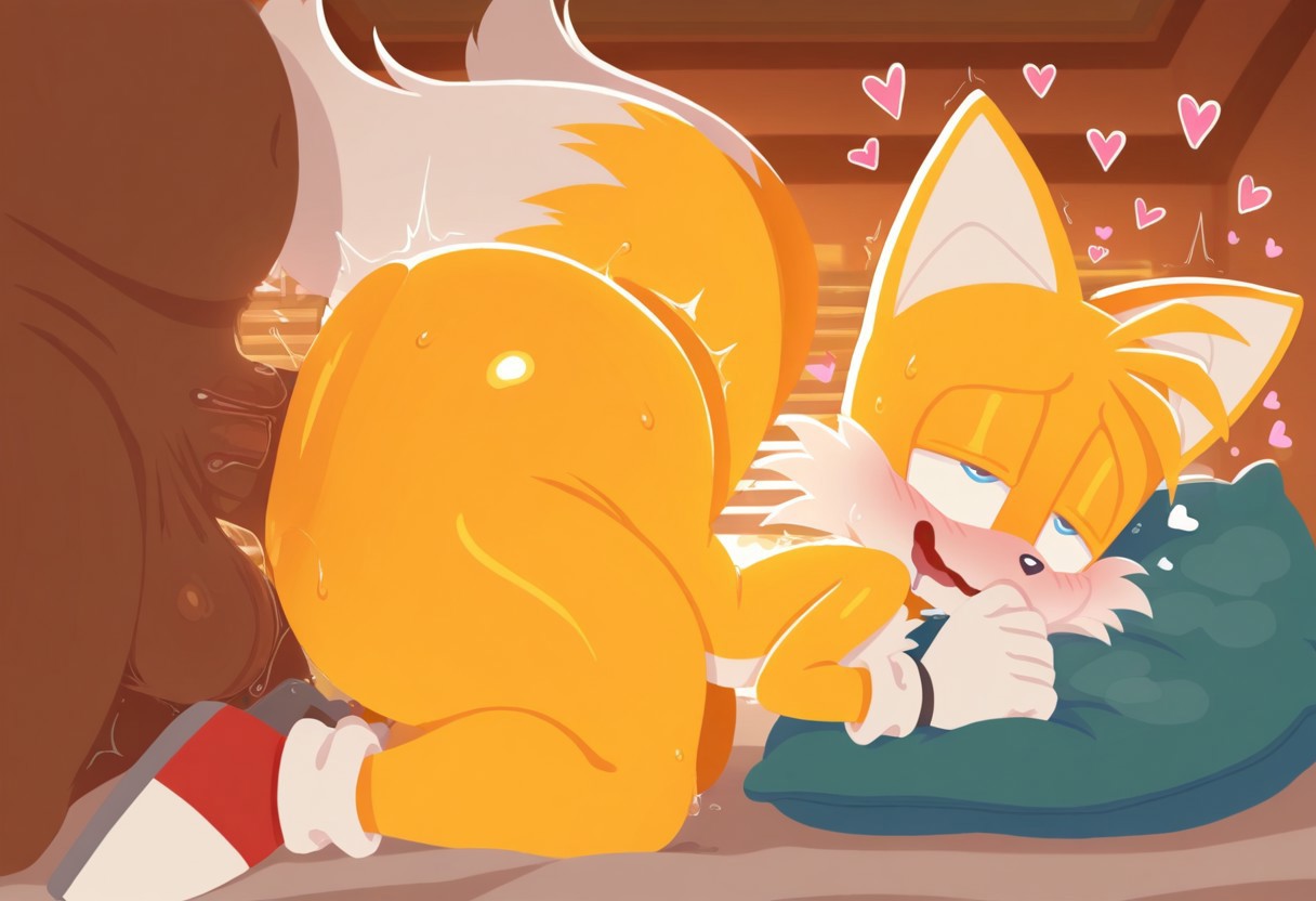 2boys, ai generated, anal, blue eyes, dark-skinned male, dog husky ai, drooling, femboy, gloves, heart, male penetrated, miles tails prower, on bed, penis, plap, plump butt, rolling eyes, sex, sex from behind, shoes, solo focus, sonic (series), sonic the hedgehog (series), tails, tails the fox, thick ass, thick butt, thick thighs, two tails, yellow body, yellow fur