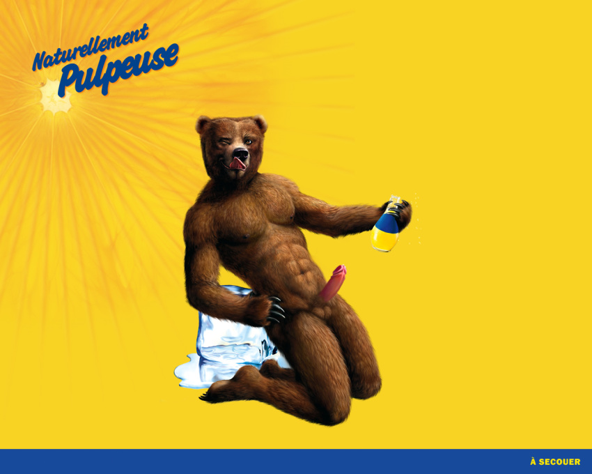 1boy abs advertisement anthro balls bear biceps black_nose brown_eyes brown_fur claws erection fur grin humanoid_penis ice_cube kneeling licking licking_lips looking_at_viewer male male_only mammal muscles nipples nude one_eye_closed orangina pecs penis pose smile solo toe_claws toned tongue tongue_out wink