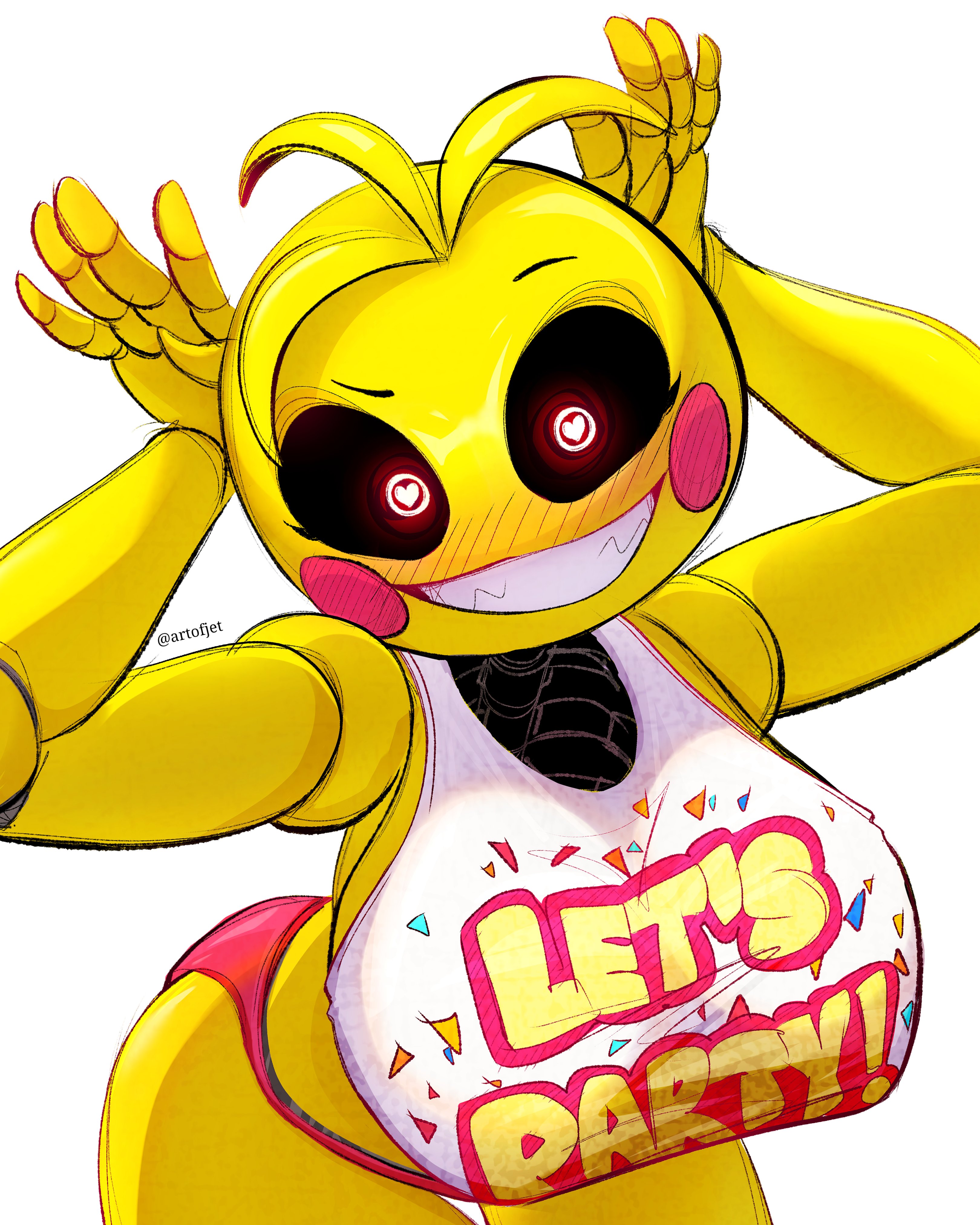 absurd res, animatronic, animatronic female, artofjet (artist), beakless, big breasts, black sclera, chicken, chicken girl, endoskeleton, female, female only, five nights at freddy's, five nights at freddy's 2, fnaf, heart-shaped pupils, highres, phasianid, red eyes, robot, robot girl, scottgames, solo, toy chica (fnaf), yellow, yellow skin