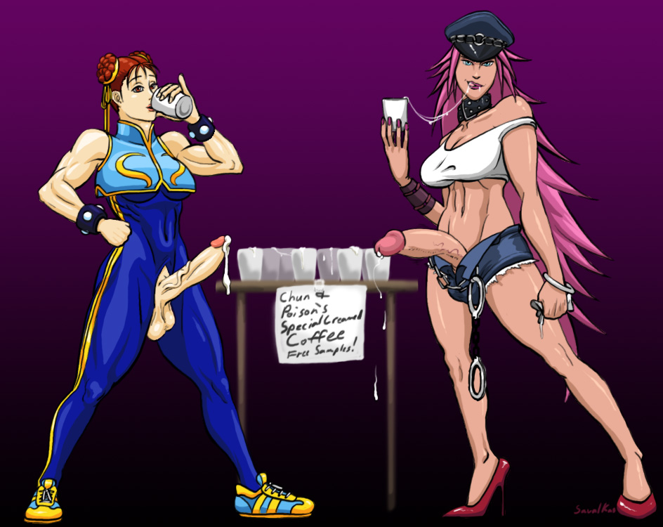 2futas, balls, balls in panties, breasts, capcom, chun-li, crotchless, cum, cum drinking, cum in container, cum in cup, cum in glass, curvy, drinking, final fight, futa only, futa with futa, futanari, gokkun, half-erect, high heels, huge penis, human, intersex, large balls, large breasts, large testicles, no panties, panty bulge, peaked cap, penis, penis out, poison (final fight), savalkas, street fighter, street fighter alpha, street fighter alpha 2, street fighter alpha 3, testicles