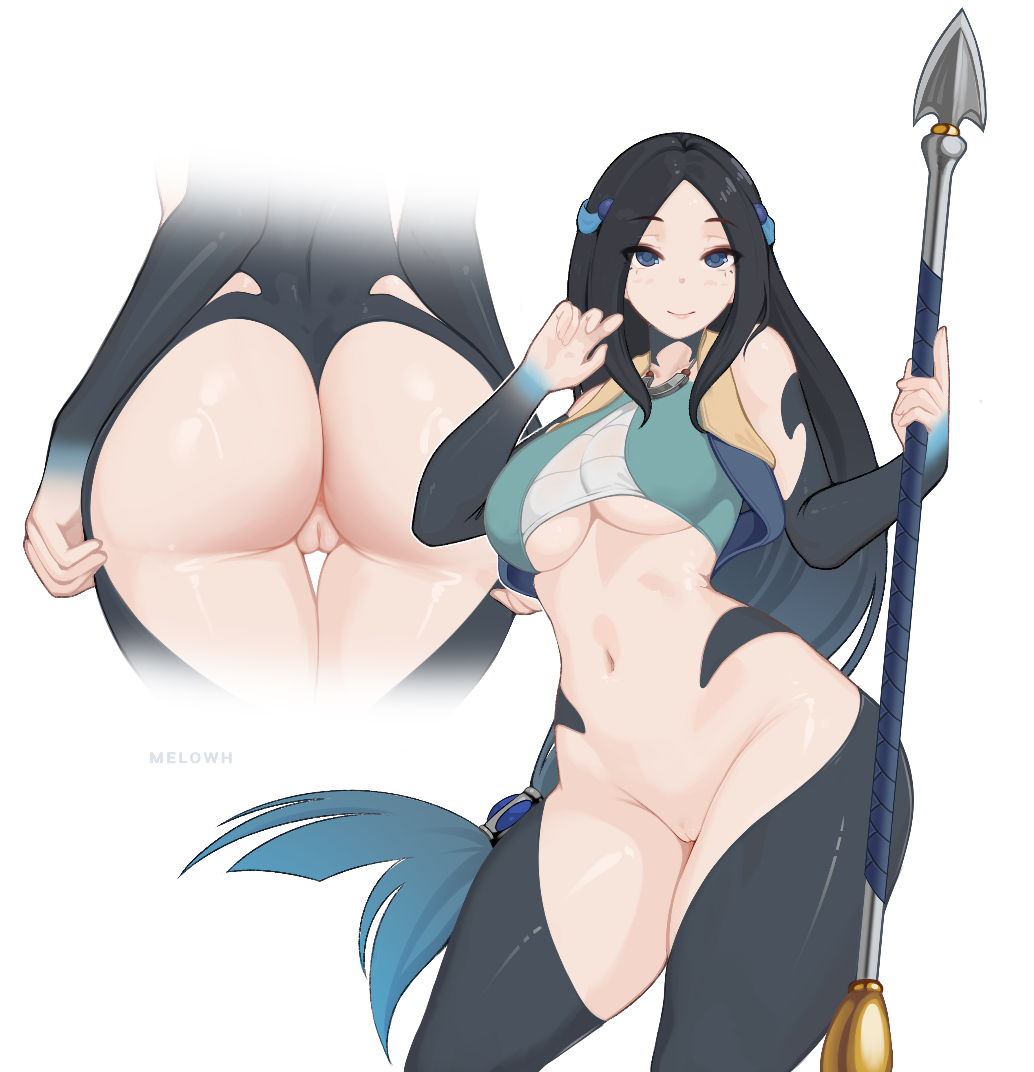 1girls, ass focus, back view, big ass, big breasts, black hair, blue eyes, bottomless, cameltoe, female, female only, front view, hair ornament, hourglass figure, huge ass, huge breasts, long hair, looking at viewer, melowh, multiple views, sadeena, spear, standing, tate no yuusha no nariagari, thick, thick ass, thick thighs, thighs, topwear