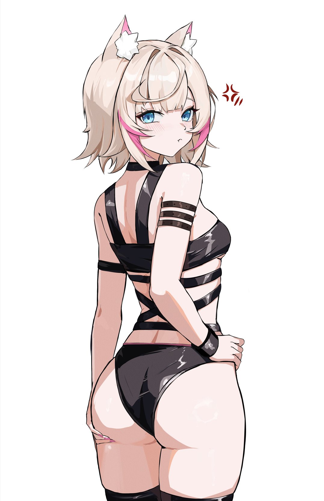 1girls, anger vein, animal ear fluff, animal ears, ass, bikini, black bikini, blonde hair, blue eyes, closed mouth, dog ears, dog girl, female, from behind, hand on hip, hi res, hololive, hololive english, hololive english -advent-, holonatsu paradise, looking at viewer, looking over shoulder, mococo abyssgard, mococo abyssgard (holonatsu paradise), no tail, pink nails, pink streaks, pout, solo, source request, swimsuit, ttsyrene, virtual youtuber, white background