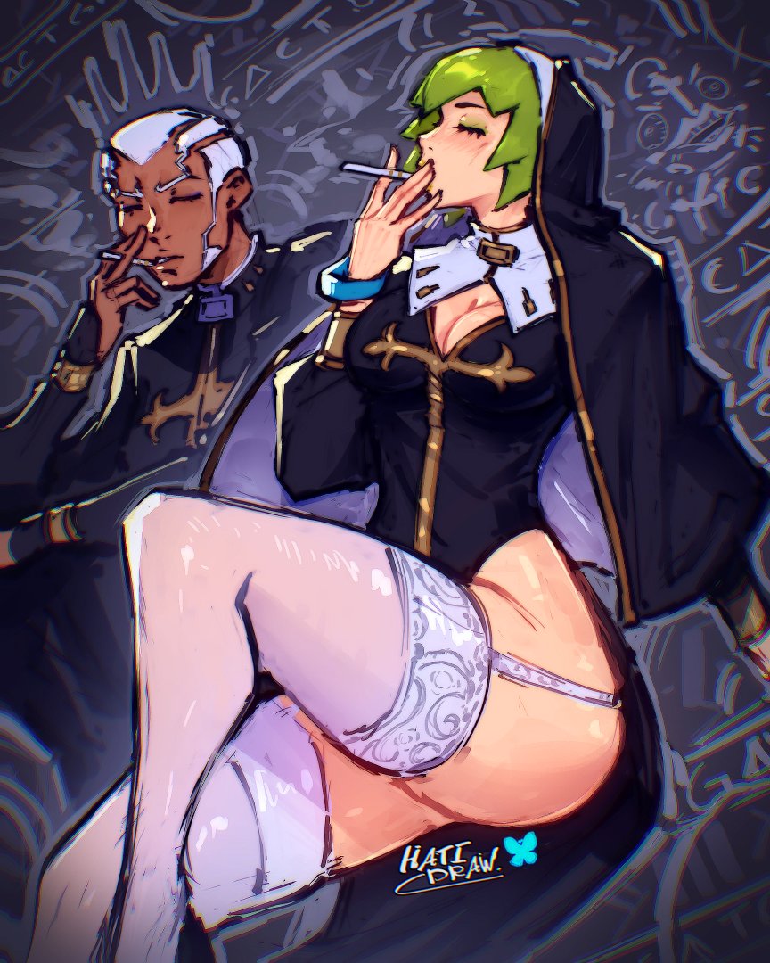 1boy1girl, artist name, cleavage, curvy, curvy figure, dark-skinned male, enrico pucci, female, female focus, foo fighters, green hair, hatidraw, jojo's bizarre adventure, light-skinned female, lipstick, male, priest, priestess, smoking, stone ocean, tagme, thick thighs, thighhighs, thighs, voluptuous female, white hair