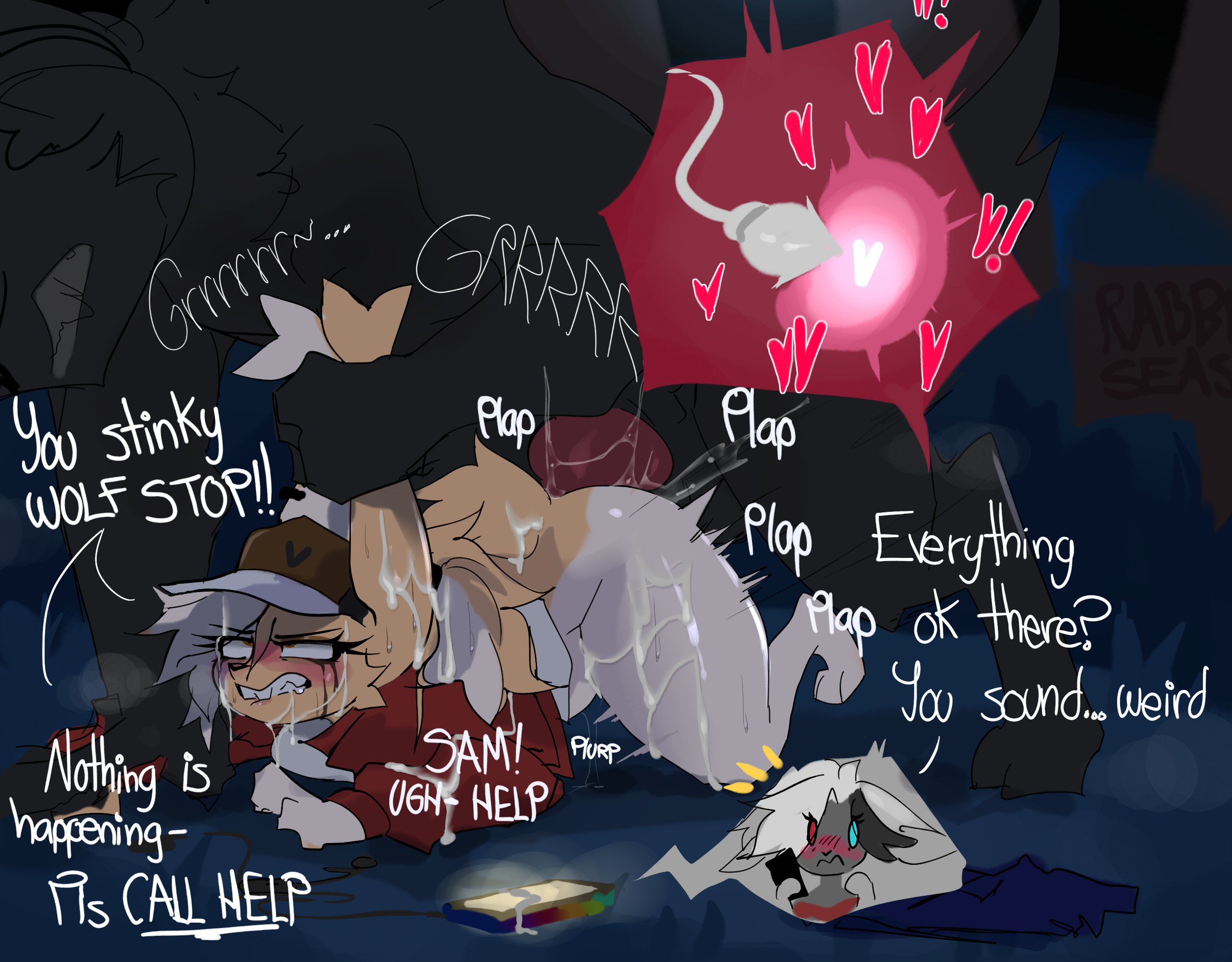 2d, anthro, biting lip, biting own lip, bottomless, bottomless female, calling for help, canid, canid humanoid, canine, canine humanoid, canine penis, crying, crying with eyes open, cum, cum inside, cum on body, ear grab, eyes rolling back, forest, furry, heterochromia, humanoid, impregnation, night, outdoor sex, outdoors, outside, part 1, phone, phone call, pinned arm, rabbit, rabbit girl, rape, raped by monster, ri denueth, sex, sign, sperm meets ovum, text, two-tone fur, werewolf