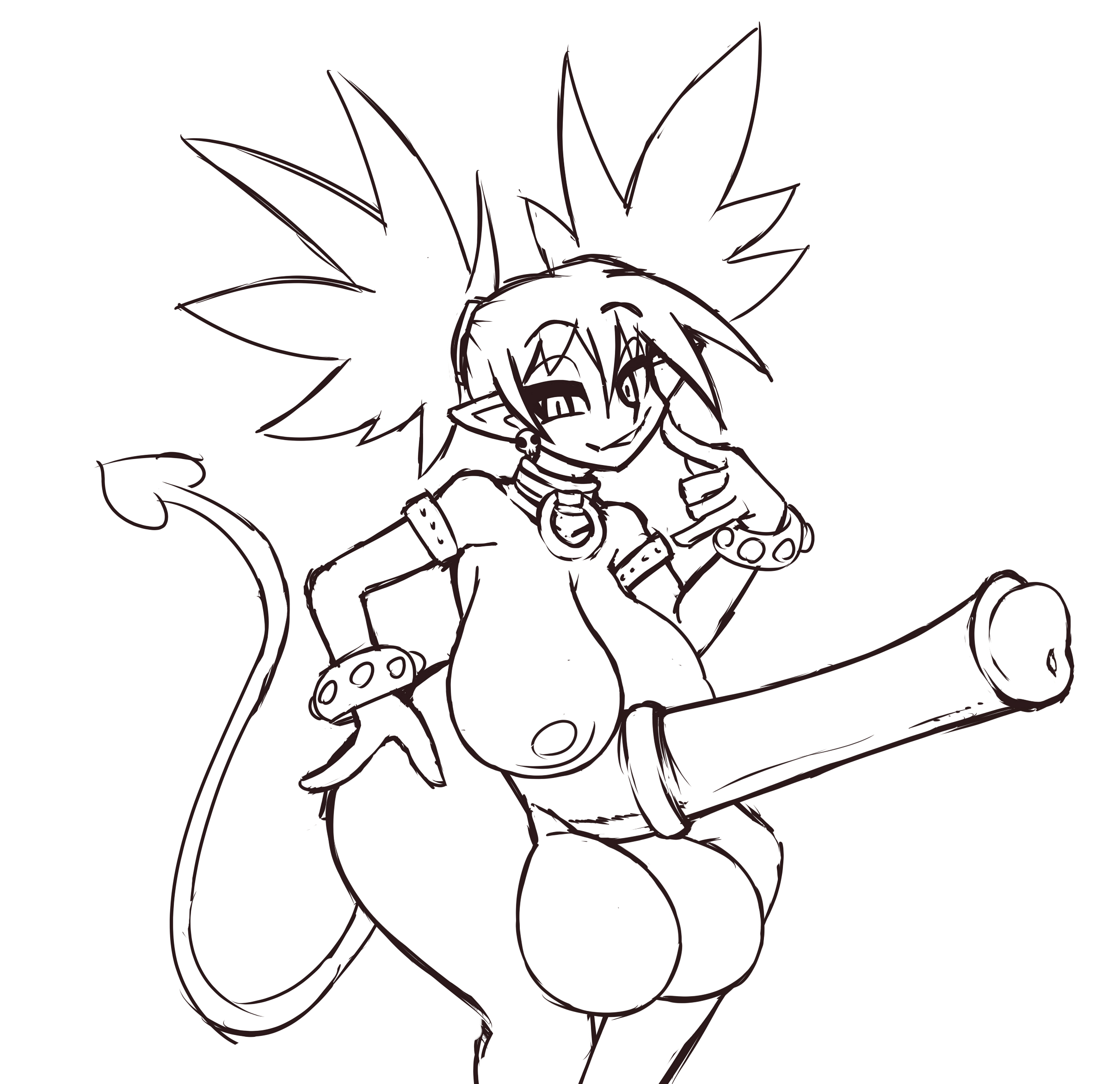 1futa, alternate breast size, balls, breasts, completely nude, disgaea, disgaea 1, erection, etna, futa only, futanari, heart-shaped tail, horsecock, huge balls, huge breasts, huge cock, humanoid, large breasts, monochrome, neayix, nippon ichi software, nude, penis, sketch, solo
