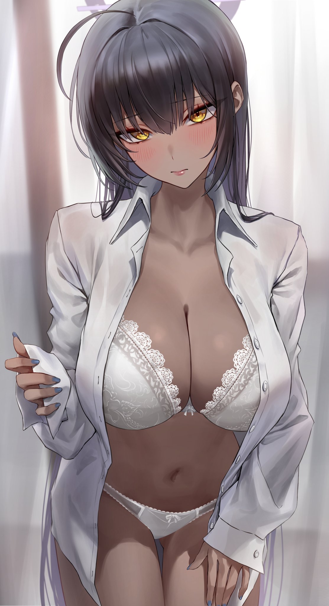 1girls, belly button, black hair, blue archive, blue nails, blush, bra, cleaning & clearing (blue archive), cleavage, dark skin, dark-skinned female, embarrassed, female, female only, gold eyes, halo, huge breasts, indoors, karin (blue archive), lingerie, lingerie only, millennium science school student, monegi, nail polish, panties, room, shirt, solo, white bra, white lingerie, white panties, yellow eyes