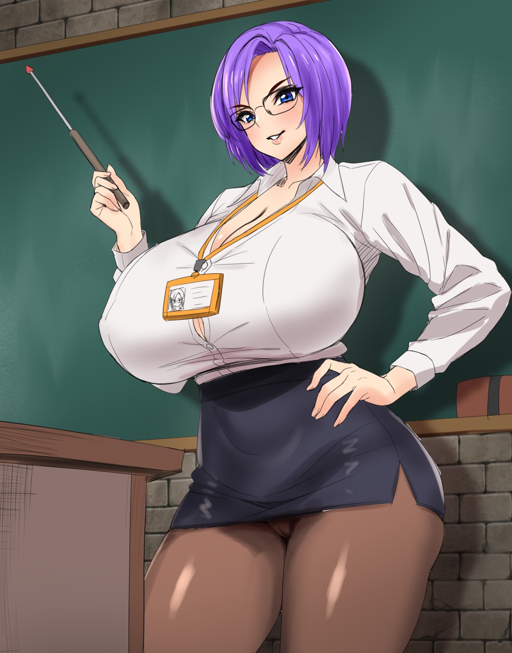 big breasts, blue eyes, classroom, female only, game cg, glasses, happy life, huge breasts, karryn, karryn (karryn's prison), karryn's prison, large ass, large breasts, official art, panties under skirt, pantyhose, pink hair, remtairy, sachinama, short hair, skirt, solo female, tagme, teacher, teacher outfit, thick thighs, underskirt, video game character, video game franchise, video games