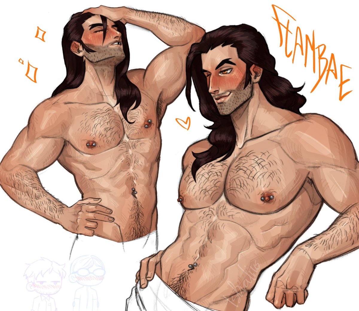 1boy, belly button piercing, belly piercing, body hair, brown hair, dispatch (game), flambae, istralius, long hair, male, male only, muscular, muscular male, nipple piercing, pierced nipples, solo, stubble, towel, towel around waist, wink