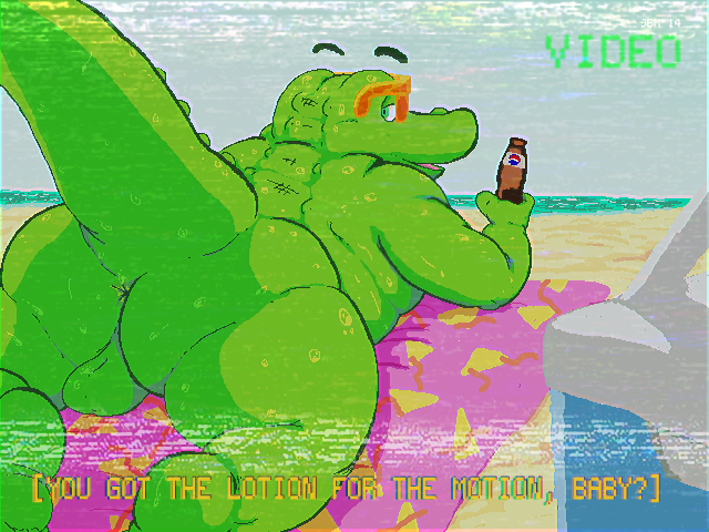 4:3 alligator anus ass backsack balls beach beverage bottle chubby eyewear looking_at_viewer looking_back lying male male_only nude on_front outside raised_tail reptile rohly scalie sea seaside solo sunglasses sweat text thick_tail water