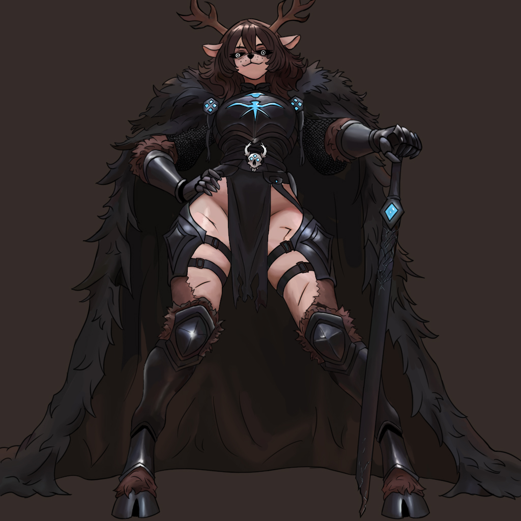 anthro, antlers, armor, artlongon, bare thighs, black armor, bottomless, brat, brown hair, cape, december holiday, deer, deltarune, dess (deltarune), dess holiday, female, female only, freckles, full body, fur cape, furred ears, goes hard, hooves, knight armor, looking at viewer, no panties, pantyless, pointy ears, roaring knight, slight smile, smile, solo, standing, sword, thick thighs, wavy hair, weapon, wide hips