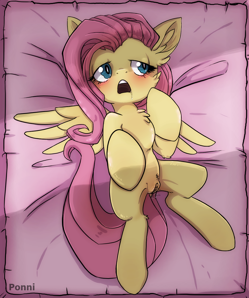 bed blue_eyes blush clitoris equine female feral fluttershy_(mlp) friendship_is_magic fur hair inside lying mammal my_little_pony on_back on_bed open_mouth pegasus pink_hair ponni purple_hair pussy solo wings yellow_fur