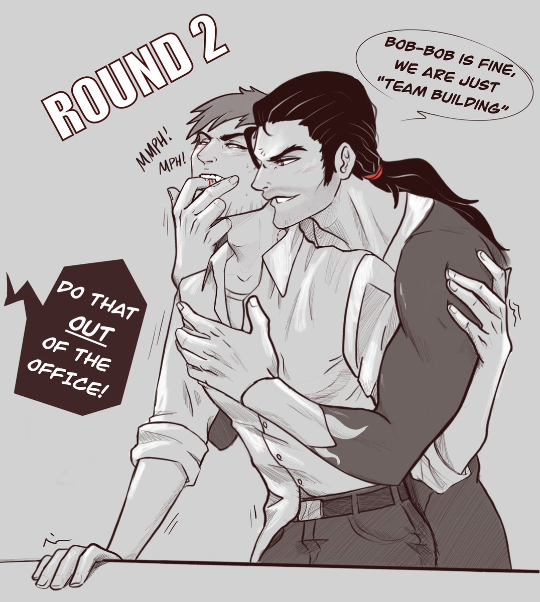 biting, biting finger, blood, dispatch (game), docta peppr, flambae, gay, muscular, muscular male, ponytail, public, robert robertson, yaoi