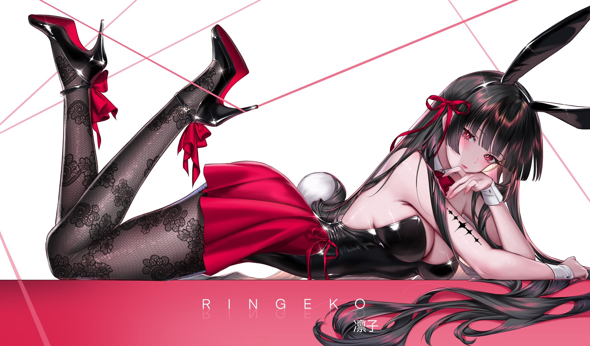 black bunnysuit, black hair, breasts, bunny ears, bunnysuit, chisa (wuthering waves), exposed breasts, high heels, legs, long hair, lying on stomach, red eyes, ringeko chan, wuthering waves