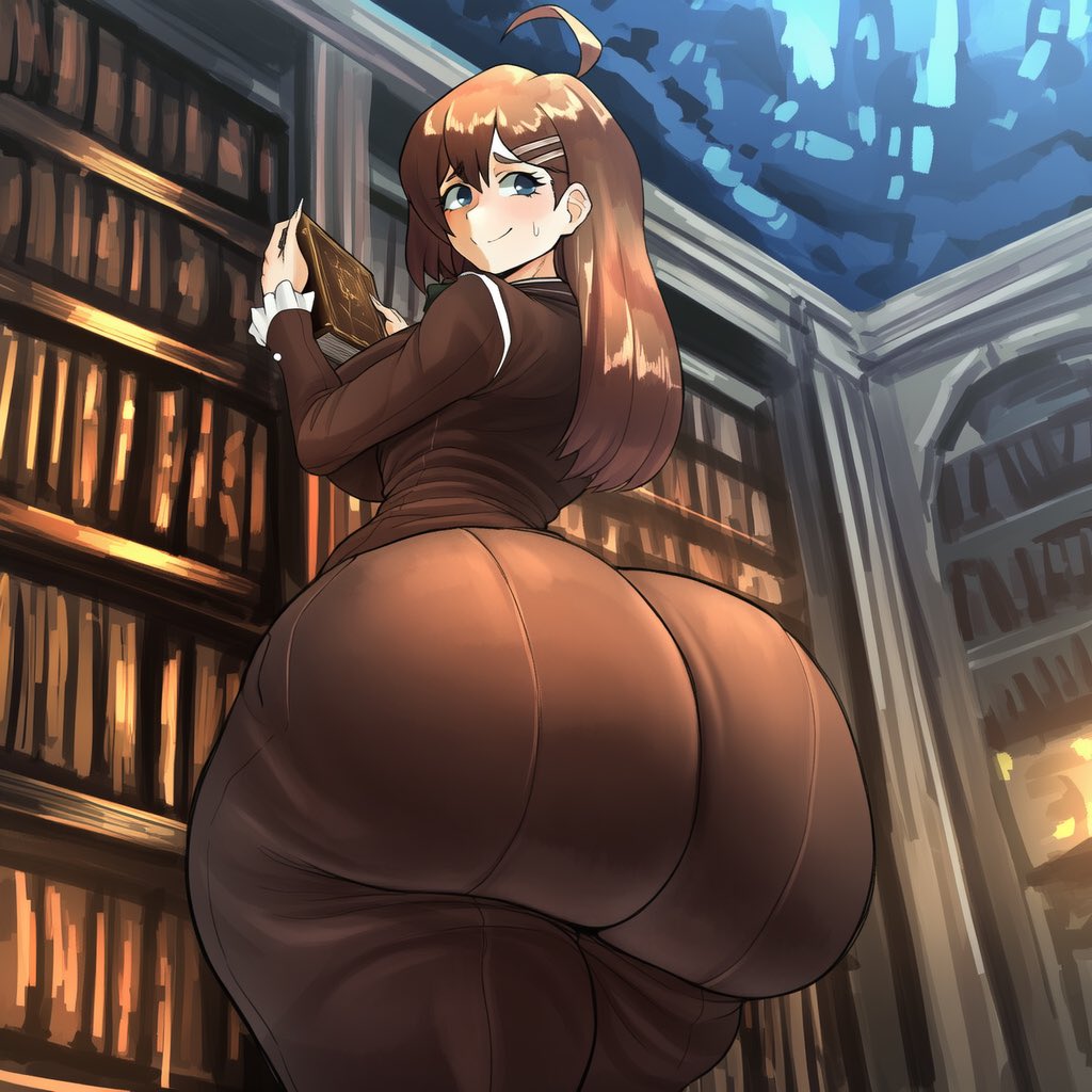 1girls, ahoge, ai generated, antennae (anatomy), ass, ass bigger than head, ass focus, book, books, bookshelf, brown clothing, brown hair, brown suit, bubble butt, child bearing hips, cinderhee, embarrassed, embarrassed expression, female, female only, grey eyes, hairpin, hod (lobotomy corporation), holding book, huge ass, huge breasts, library of ruina, lobotomy corporation, long hair, project moon, smile, smiling, solo, solo female, suit and tie, sweatdrop, tagme, thick thighs, tight clothing, tight fit, wide hips