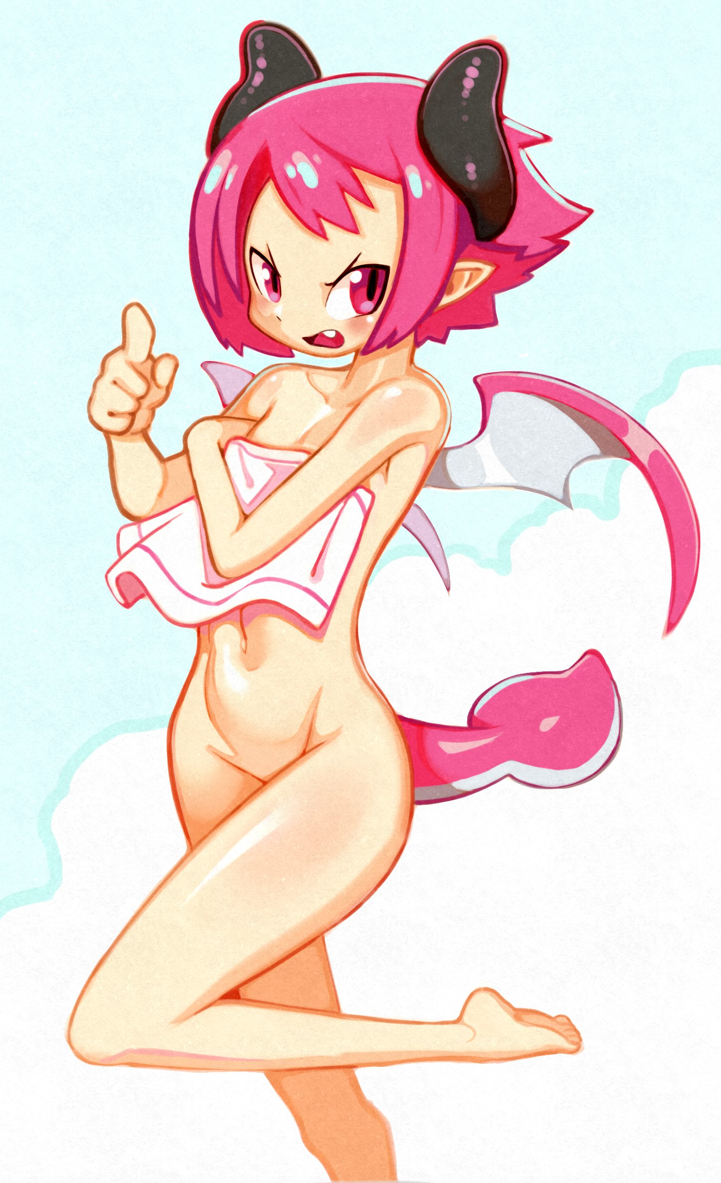 angstrom, completely nude, completely nude female, covering, covering breasts, demon girl, demon horns, demon tail, demon wings, disgaea, disgaea 3, embarrassed, embarrassed nude female, enf, flat chest, nippon ichi software, nude, raspberyl, towel, towel only