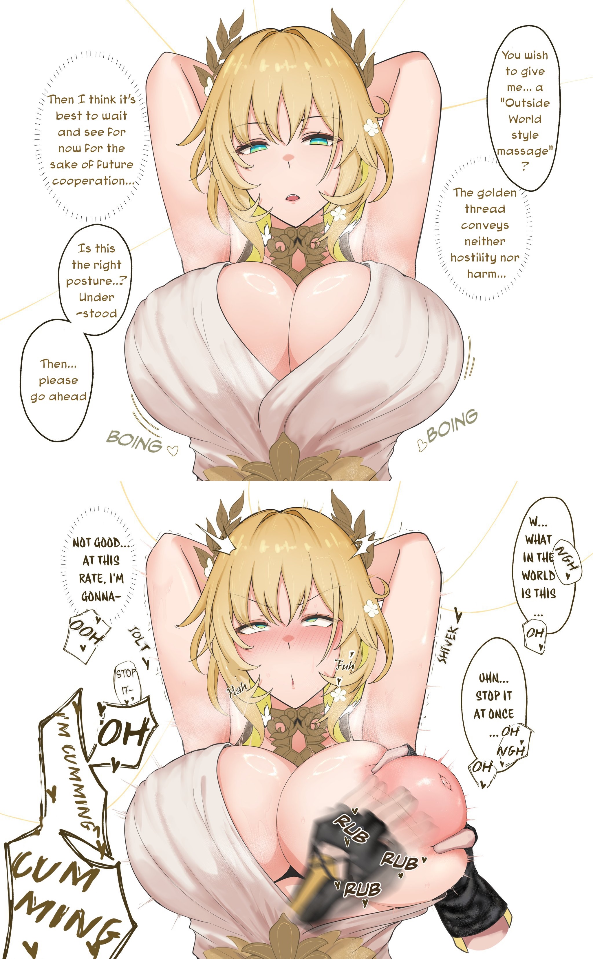 aglaea (honkai: star rail), big breasts, caelus (honkai: star rail), color, dedpul, english dialogue, english text, gloves, honkai (series), honkai: star rail, huge nipples, inverted nipples, metameta gross, multiple images, nipple grab, nipple play, nipple rub, nipples, no bra, no bra under clothes, no penetration, orgasm, orgasm from breast groping, tagme, trailblazer (honkai: star rail), translated