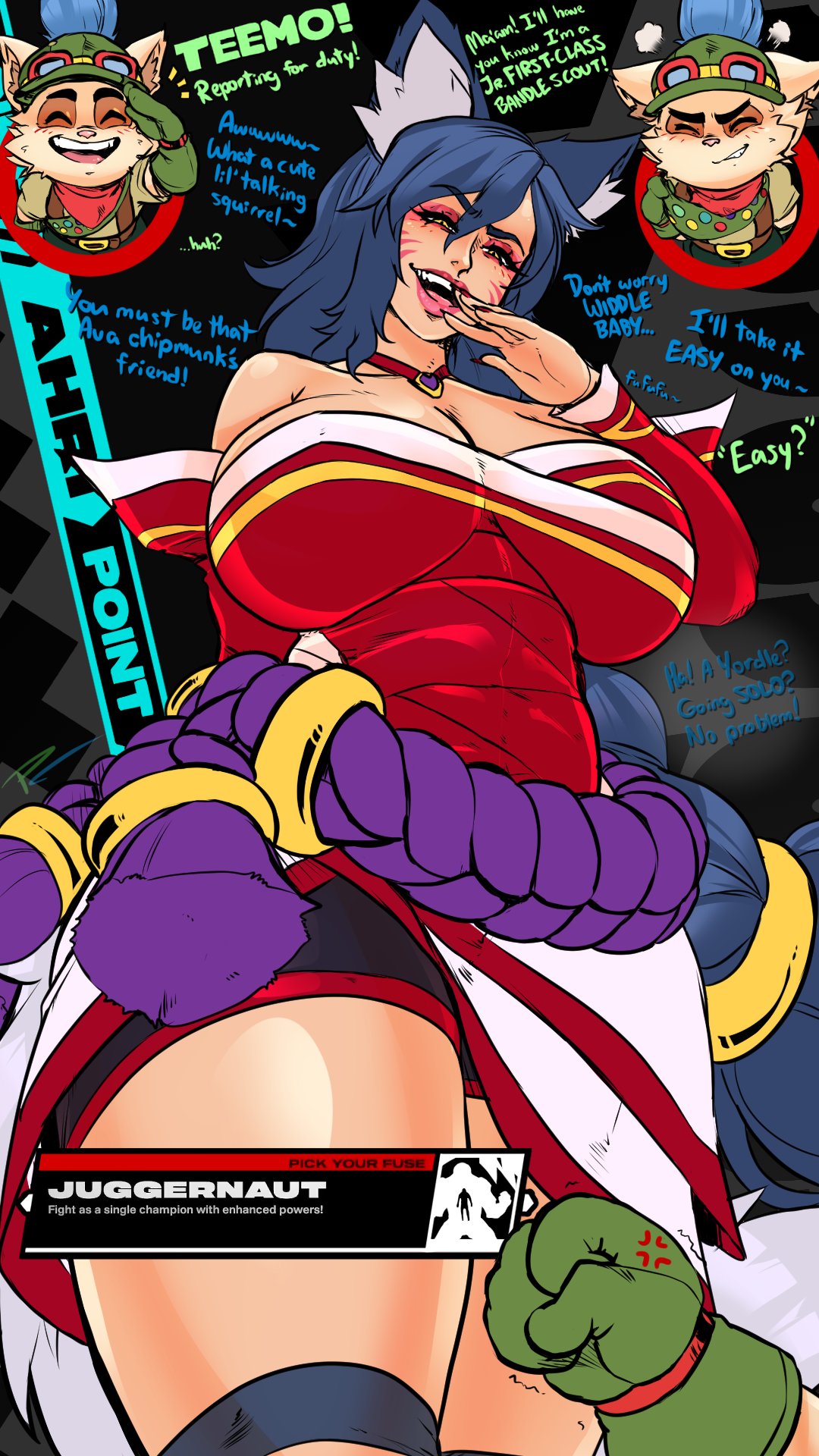1boy, 1girls, 2d, 2xko, ahri, angry, before sex, black hair, braid, breasts, choker, cleavage, clothed, comic, dialogue, english, english dialogue, english text, facial markings, fakeryway, female, fox ears, furry, game ui, gameplay mechanics, heart necklace, huge breasts, inner ear fluff, kemonomimi, laughing, league of legends, long hair, looking at viewer, male, ojou-sama pose, pleasure castle, pov, salute, shorts, size difference, skirt, sleeveless topwear, smug, smug face, smug female, teemo, text, thick thighs, tight clothing, underboob, vastaya, voluptuous, wide hips, yordle