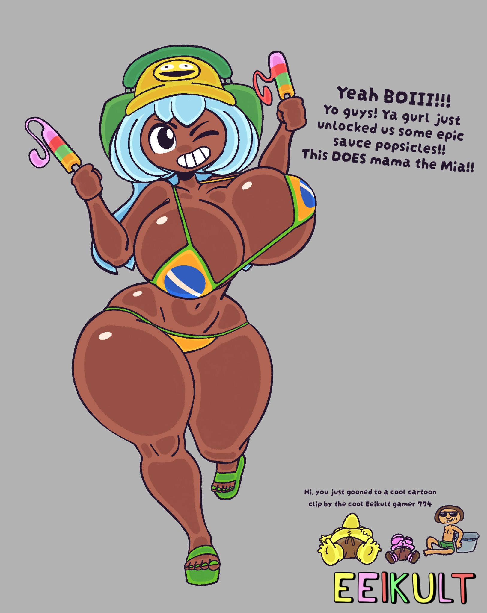 big breasts, big thighs, bikini, bikini bottom, bikini top, bouncing breasts, brazilian flag, breasts, charlie (smiling friends), dialogue, dolly dimpley, eeikult, holding ice cream, holding popsicle, huge breasts, huge thighs, ice cream, ice cream drip, navel, pim (smiling friends), platform footwear, platform heels, popsicle, popsicle melting, smiling friends, swimwear, tagme, text, the cool autistic gamer 774