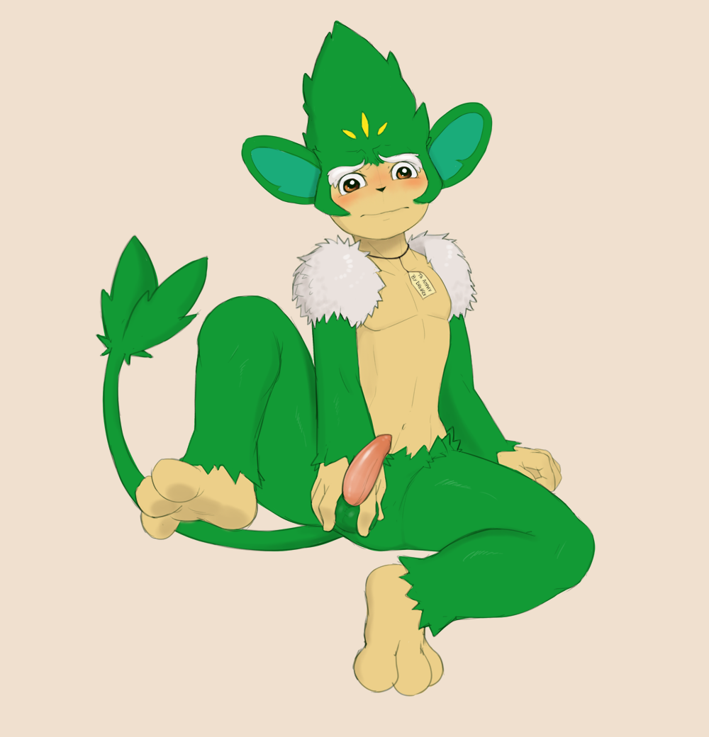 2014 3_toes anthro anthrofied balls blush brown_eyes dreiker erection front_view fur green_fur holding_penis looking_at_viewer male male_only mammal monkey navel nintendo penis plain_background pokemon primate shy simisage sitting solo spread_legs spreading toes video_games white_background