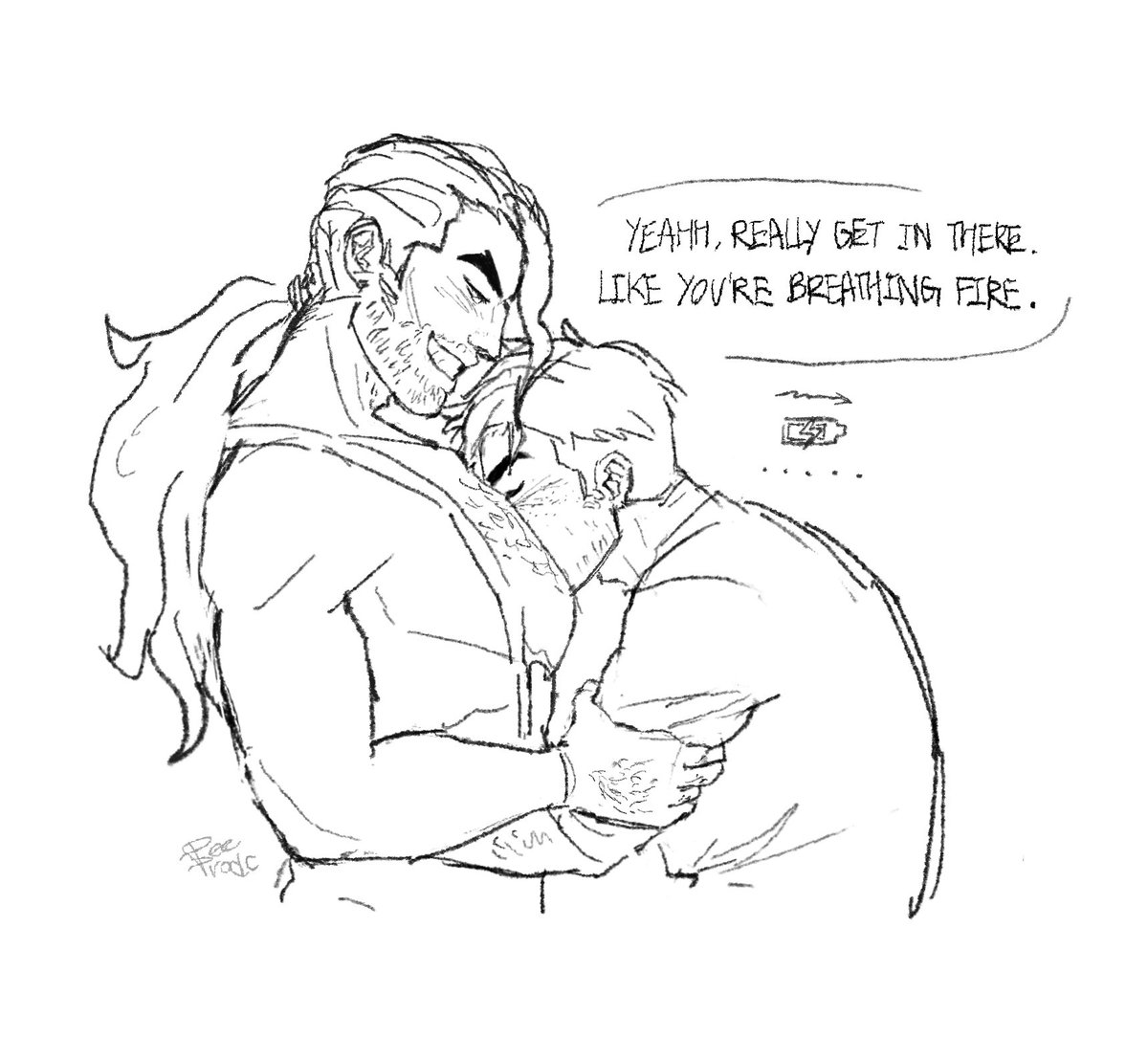 bara, big pecs, deeiondrews, dispatch (game), face on chest, flambae, gay, male, male only, muscular, muscular male, ponytail, robert robertson, yaoi