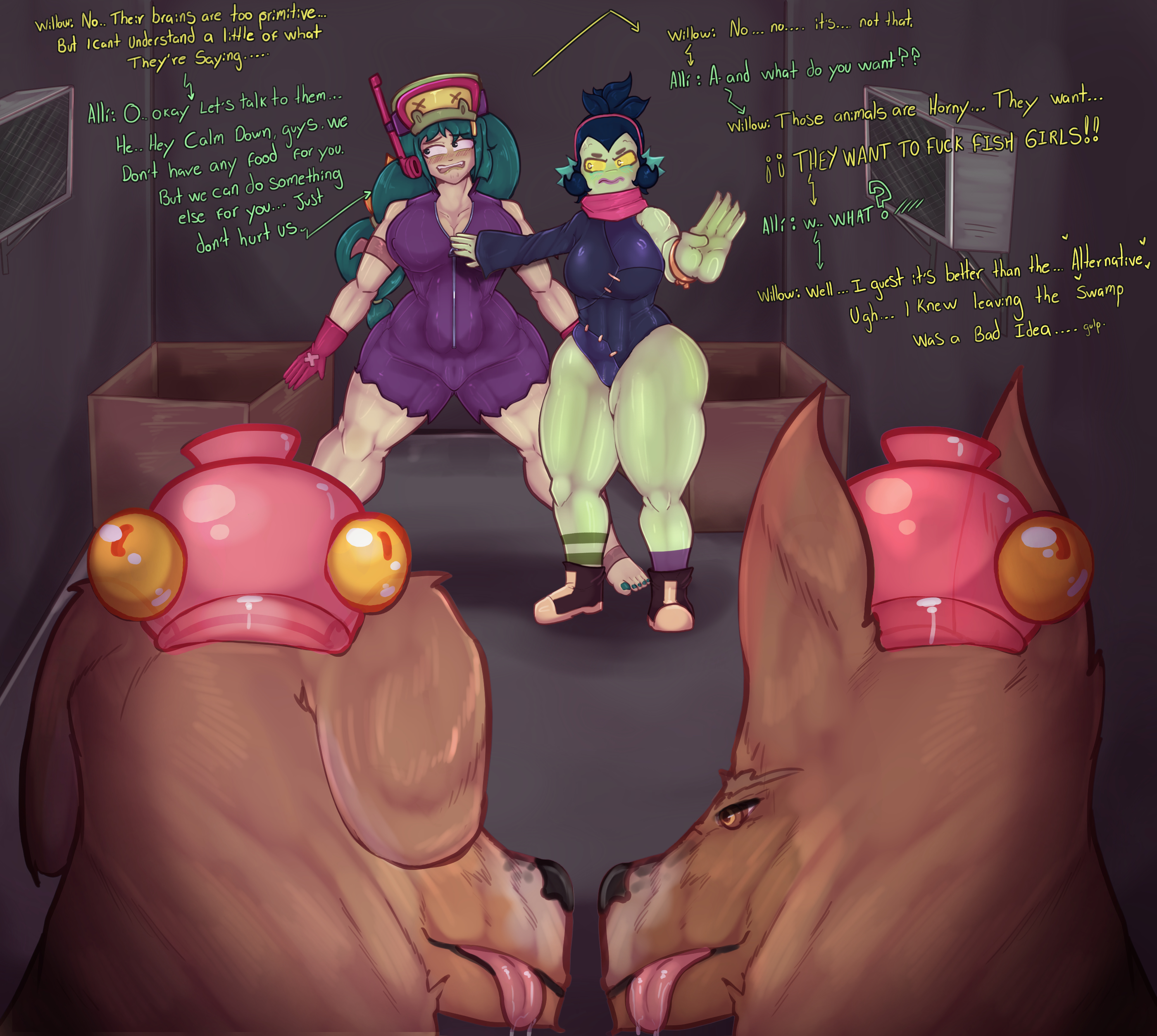 2dogs, 2girls, alli (brawl stars), attack, blush, brawl stars, canine, clothed, clothed female, clothing, dialogue, female, female focus, feral, fish, fish girl, huge breasts, imminent penetration, imminent rape, imminent sex, looking at another, scared, scared expression, sfcompany1e (artist), skintight, skintight bodysuit, skintight clothing, supercell, text, text bubble, thighs, thighs bigger than head, willow (brawl stars), worried, worried expression