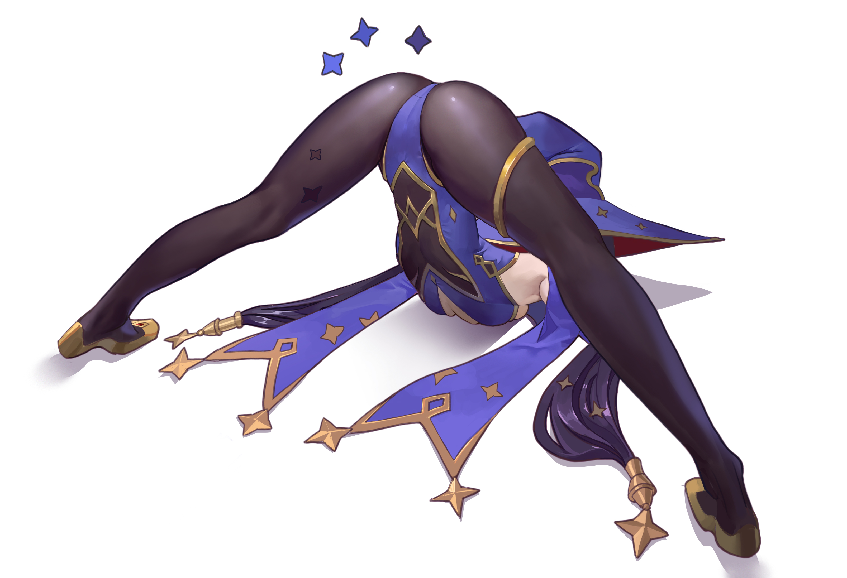 absurdres, arched back, ass, ass focus, blue leotard, breast press, breasts, commentary, facing away, female, female only, flexible, from behind, genshin impact, hair ornament, hat, highleg, highleg leotard, highres, huge ass, jack-o' challenge, jewelry, korean commentary, leotard, long hair, medium breasts, meme, midfinger, mona (genshin impact), shoes, simple background, skindentation, solo, spread legs, stretching, thighlet, top-down bottom-up, white background, witch hat