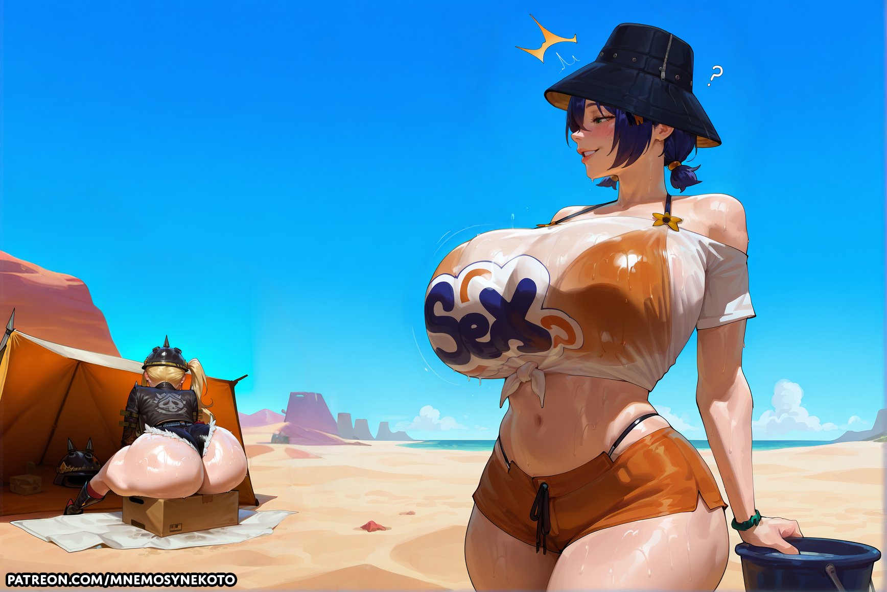 2girls, ai generated, bare thighs, belle (summer skies) (zenless zone zero), belle (zenless zone zero), big ass, big butt, blonde hair, blue hair, blush, bucket hat, fat ass, gigantic ass, gigantic breasts, green eyes, hat, huge breasts, huge thighs, light skin, light-skinned female, luciana de montefio, massive ass, massive breasts, micro shorts, mnemosynekoto, official alternate costume, oiled body, oiled skin, ponytail, short shorts, smiling, squatting, sweat, sweatdrop, thick body, thick female, thick thighs, thighs, twintails, voluptuous, voluptuous female, zenless zone zero