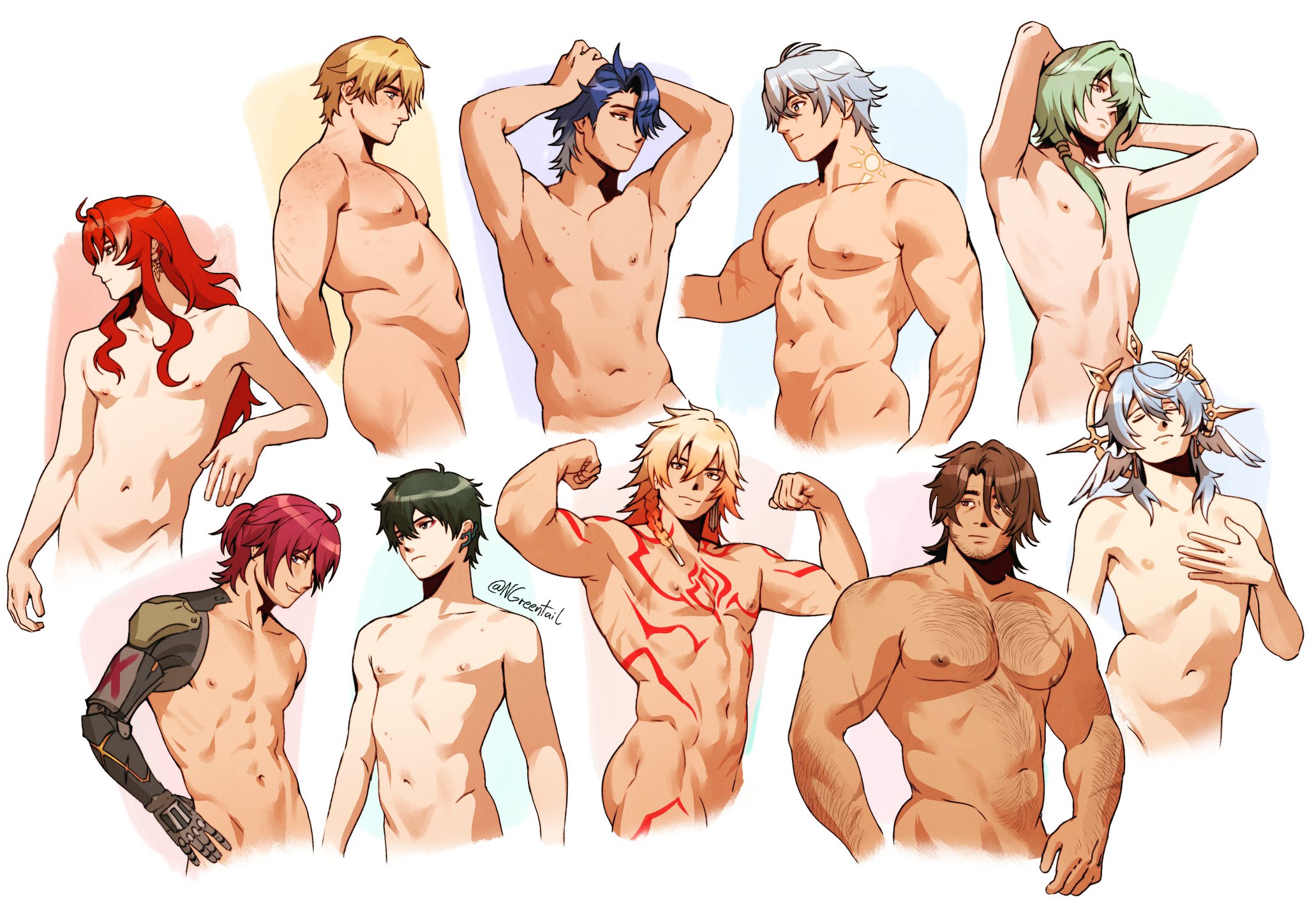 anaxa (honkai: star rail), argenti (honkai: star rail), big stomach, black hair, blonde hair, blue hair, dan heng, different poses, different size, gallagher (honkai: star rail), gay, gepard (honkai: star rail), green hair, honkai: star rail, luka (honkai: star rail), male only, multiple boys, multiple males, mydei (honkai: star rail), ngreentail, no visible genitalia, phainon (honkai: star rail), realistic anatomy, realistic proportions, red hair, sampo (honkai star rail), small waist, sunday (honkai: star rail), varantart, white hair