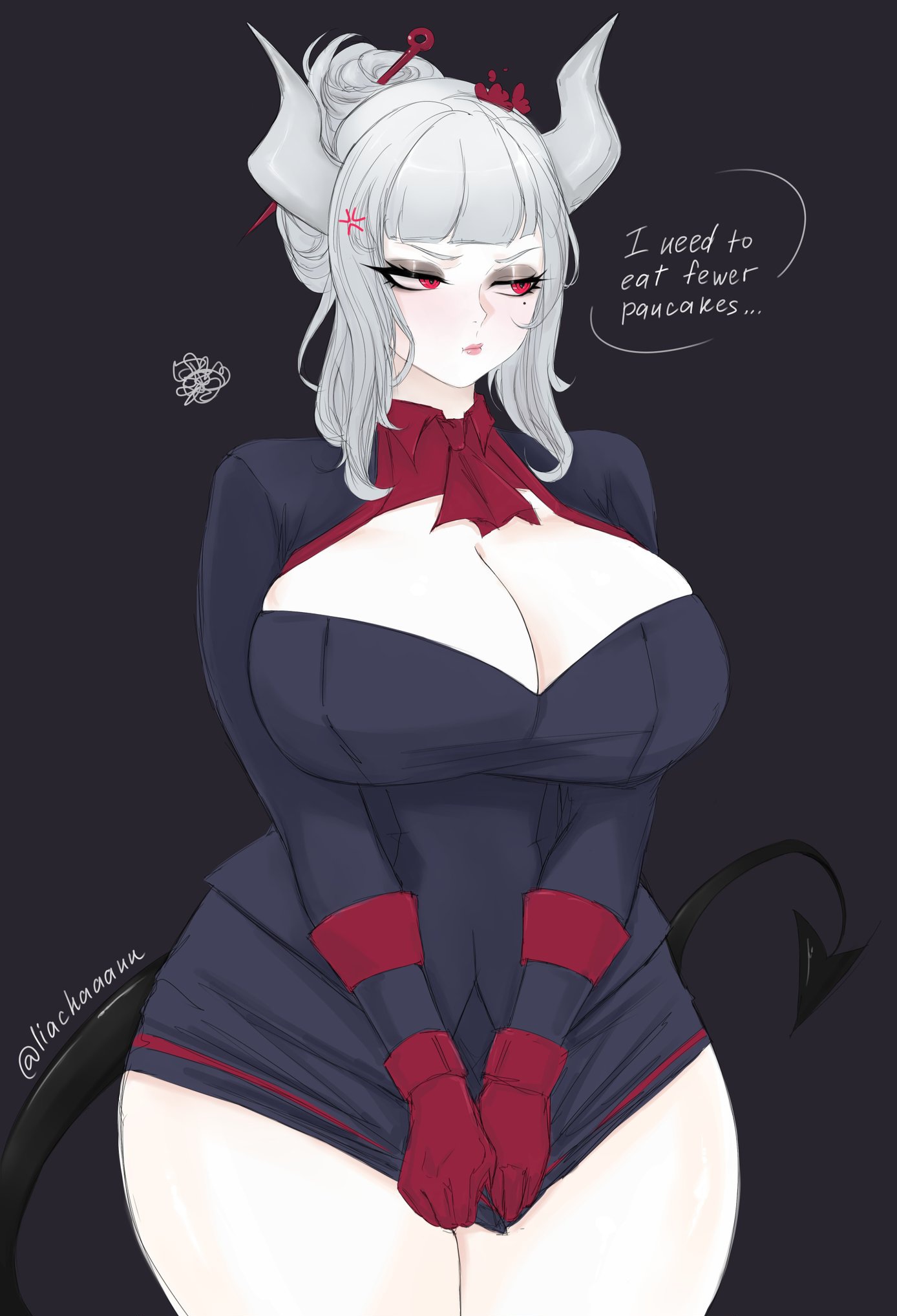 1girls, big breasts, black tail, blush, cleavage, demon girl, demon horns, demon tail, female, female only, gloves, helltaker, horns, huge breasts, lia-chan (liachaaann), long sleeves, looking at viewer, lucifer (helltaker), mole, mole under eye, red eyes, red shirt, solo, tail, white hair