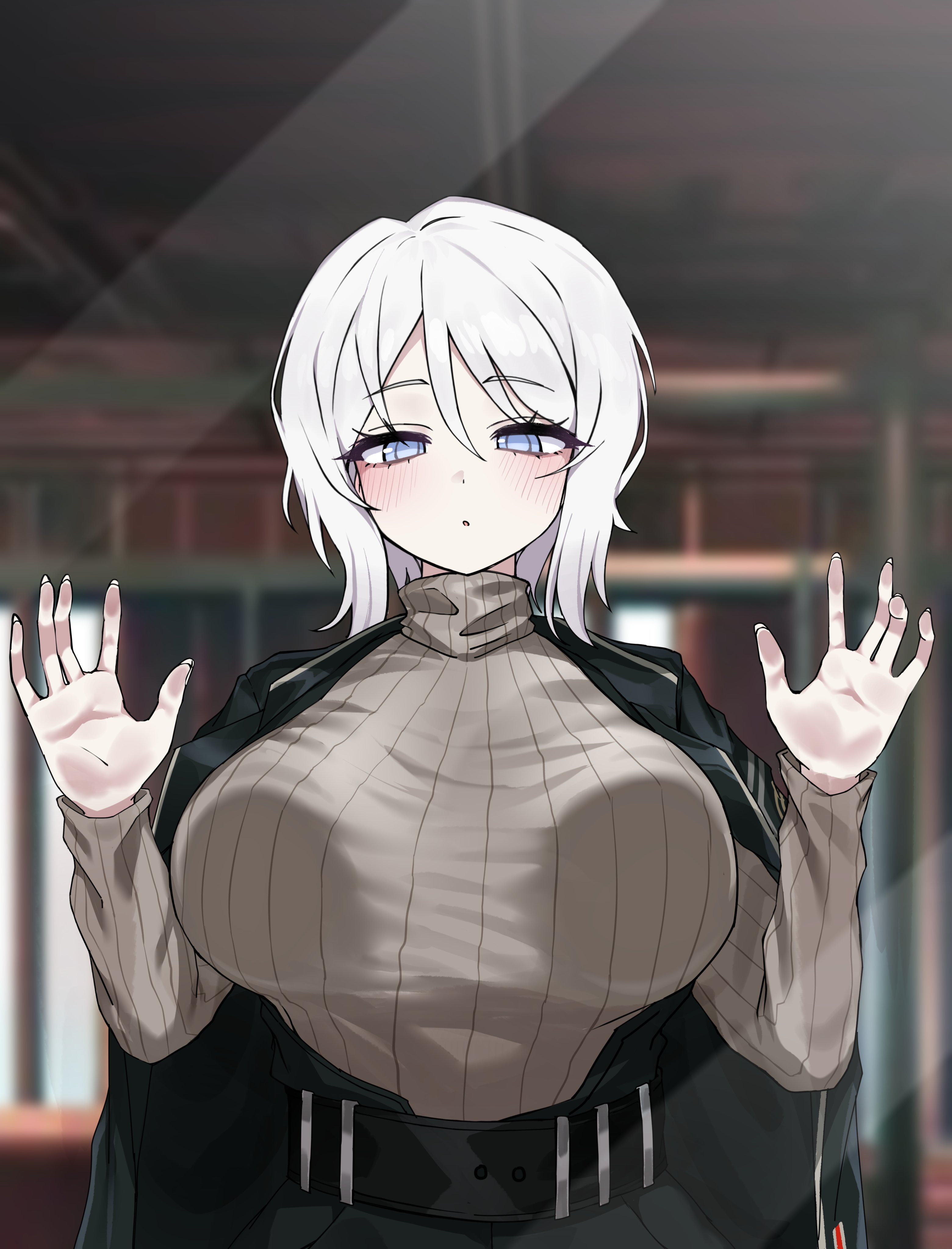 1girls, against glass, belt, black coat, black skirt, blue eyes, blush, breast press, breasts, breasts on glass, brown sweater, cg, coat, coat on shoulders, emotionless, emotionless female, faust (limbus company), faust (project moon), female, indifferent, jacket, large breasts, limbus company, long sleeves, looking at viewer, parted lips, project moon, ribbed sweater, short hair, skirt, solo, sweater, tomboyish, turtleneck, turtleneck sweater, unbothered, uncaring, white hair