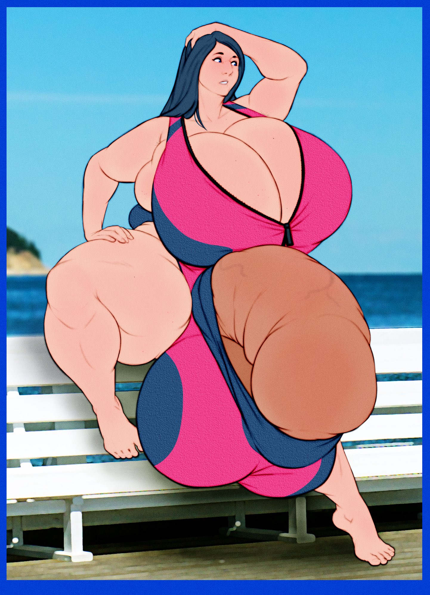 ashvenit, balls, black hair, fake video, fat, fat futa, full body, futanari, gigantic breasts, hyper, hyper balls, hyper futa, hyper penis, kim (ashvenit), long hair, original, outdoors, swimsuit, testicles, thick thighs