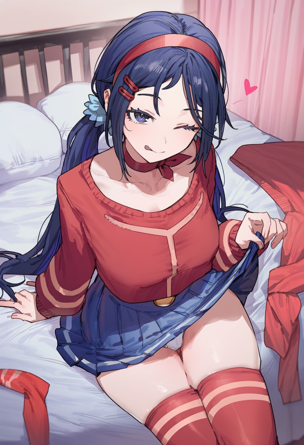 1girls, ai generated, bed, bedroom, blue eyes, blue hair, crazy mita (miside), female, hair clips, hair ornament, hairband, headband, heart, miside, mita (miside), one eye closed, panties, panty peek, pigtails, red socks, red thighhighs, sitting, sitting on bed, skindentation, skirt, skirt lift, skirt lifted by self, socks, teasing, thick thighs, thighhighs, tongue, tongue out, twintails, upskirt, white panties, wide hips, wink, winking at viewer