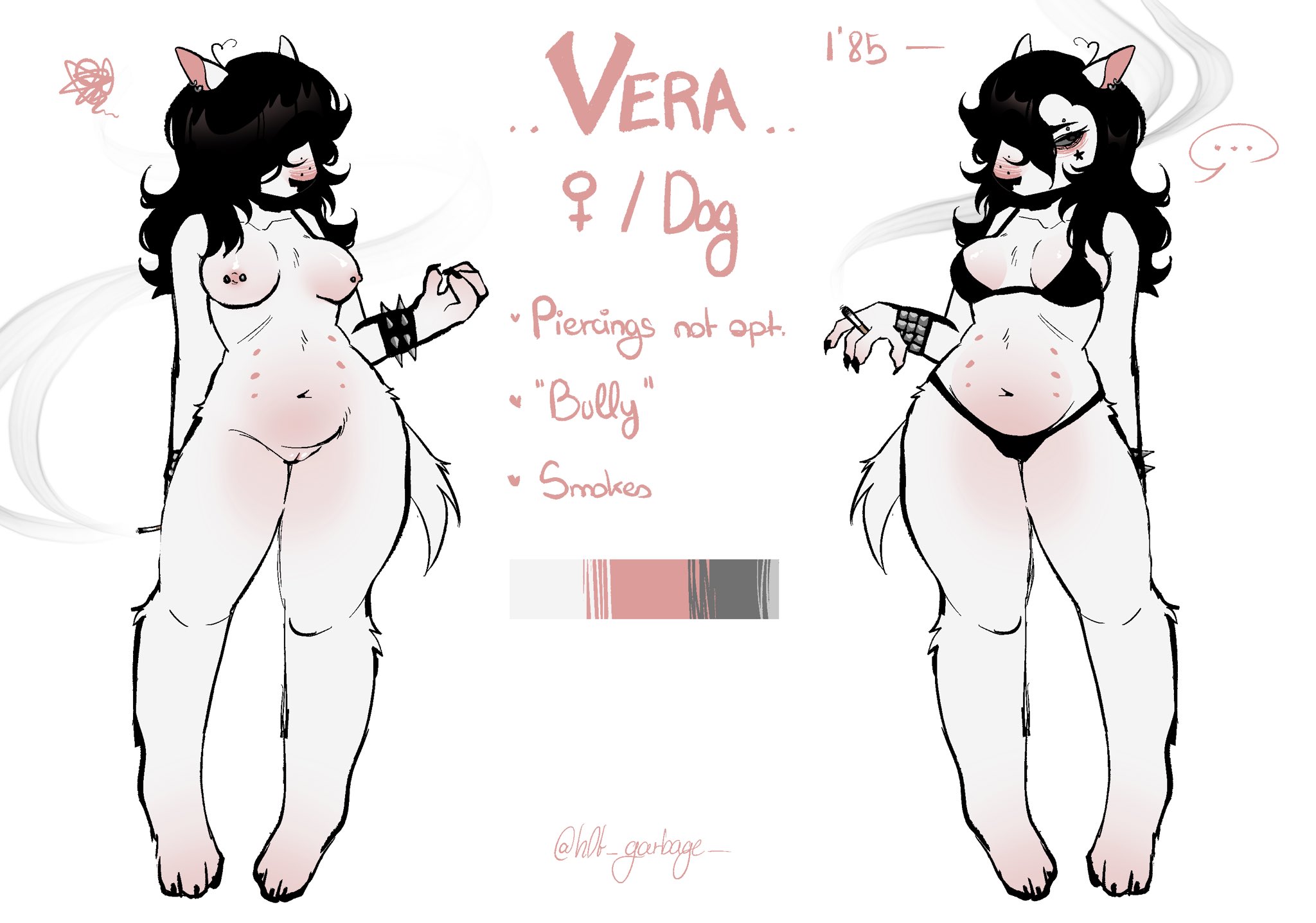 3 toes, ahoge, alternative fashion, anthro, areola, belly, belly tattoo, bikini, black clothing, black hair, black nose, bra, bracelet, breasts, bull terrier, bulldog, canid, canine, canis, cigarette, claws, clothing, colored nails, domestic dog, ear piercing, eye bags, eyelashes, facial tattoo, feet, female, front view, fur, genitals, h0t-garbage, hair, heart ahoge, hi res, hunting dog, jewelry, long eyelashes, long hair, mammal, mastiff, minimal clothing, model sheet, molosser, nails, nipple piercing, nipples, nude, panties, paws, piercing, pink areola, pink belly, pink body, pink skin, shaded, shaggy hair, signature, slightly chubby, slightly chubby anthro, slightly chubby female, smoke, smoking, solo, spiked bracelet, spikes, studded bracelet, studded jewelry, studs, swimwear, tasteful nudity, tattoo, terrier, toes, tummy nipples, two-piece swimsuit, underwear, vera (h0t garbage), vulva, white body, white fur