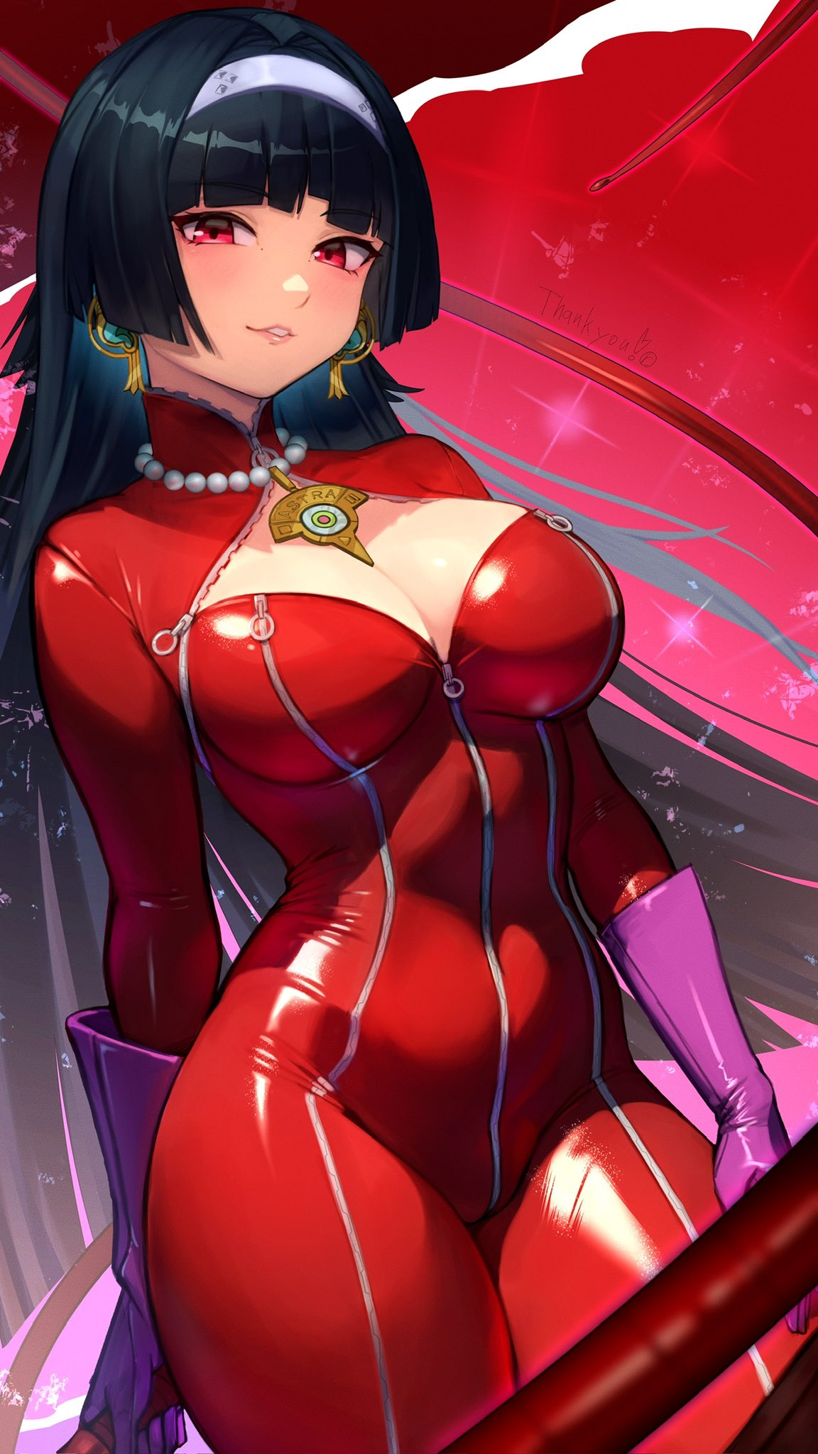 1girls, ann takamaki (cosplay), astra yao, big breasts, black hair, bodysuit, breasts, cleavage, cosplay, female, female only, gloves, hairband, large breasts, long hair, megami tensei, necklace, pearl necklace, persona, persona 5, purple gloves, r123, red bodysuit, red eyes, smile, whip, white hairband, zenless zone zero