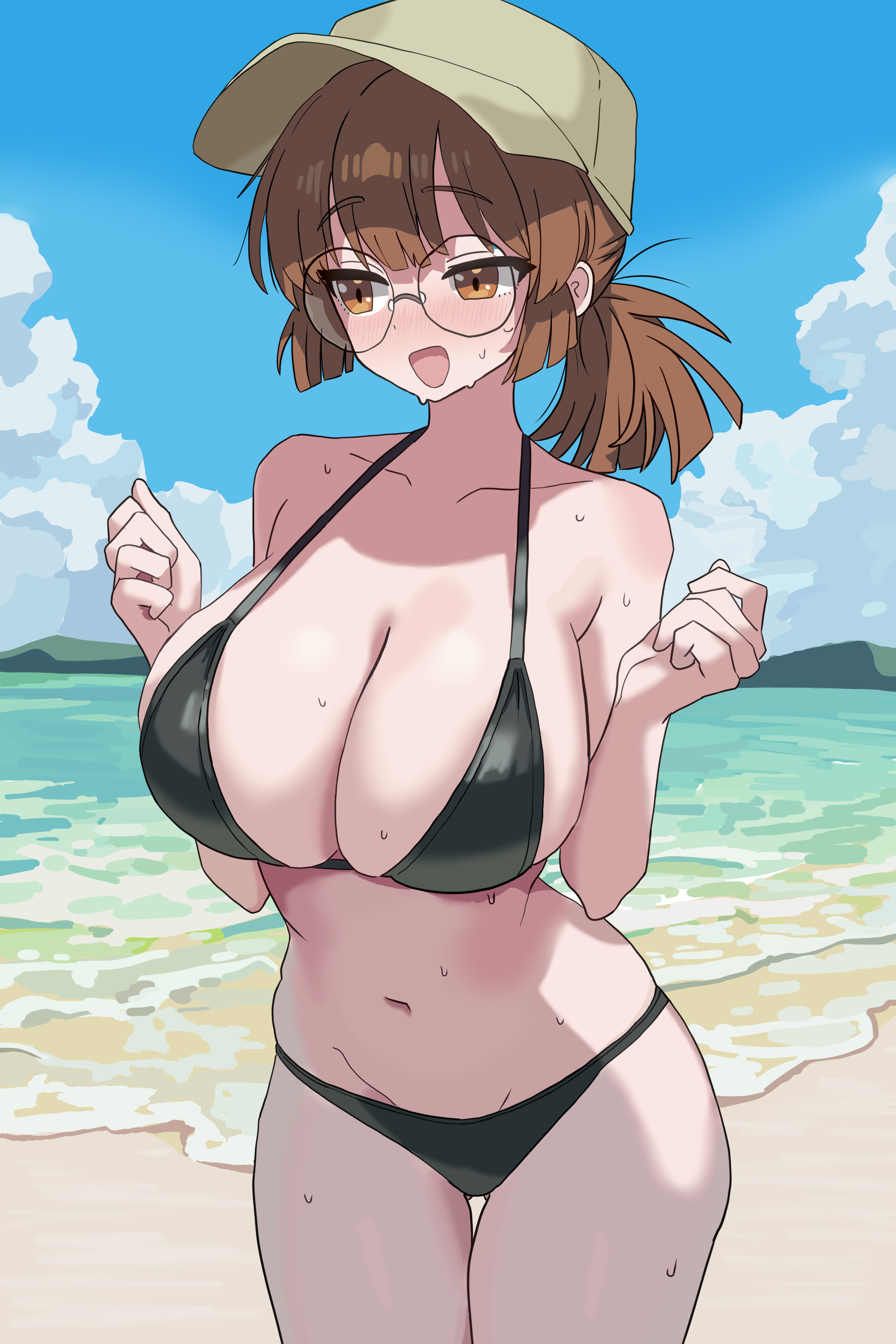 absurdres, alternate costume, bare shoulders, baseball cap, beach, bikini, black bikini, blue sky, blush, breasts, brown eyes, brown hair, cloud, commentary, day, english commentary, female, fio germi, glasses, hat, highres, huge breasts, metal slug, navel, neugneugsusu, nnkk933306, ocean, open mouth, outdoors, ponytail, sand, sideboob, sky, solo, stomach, swimsuit, water