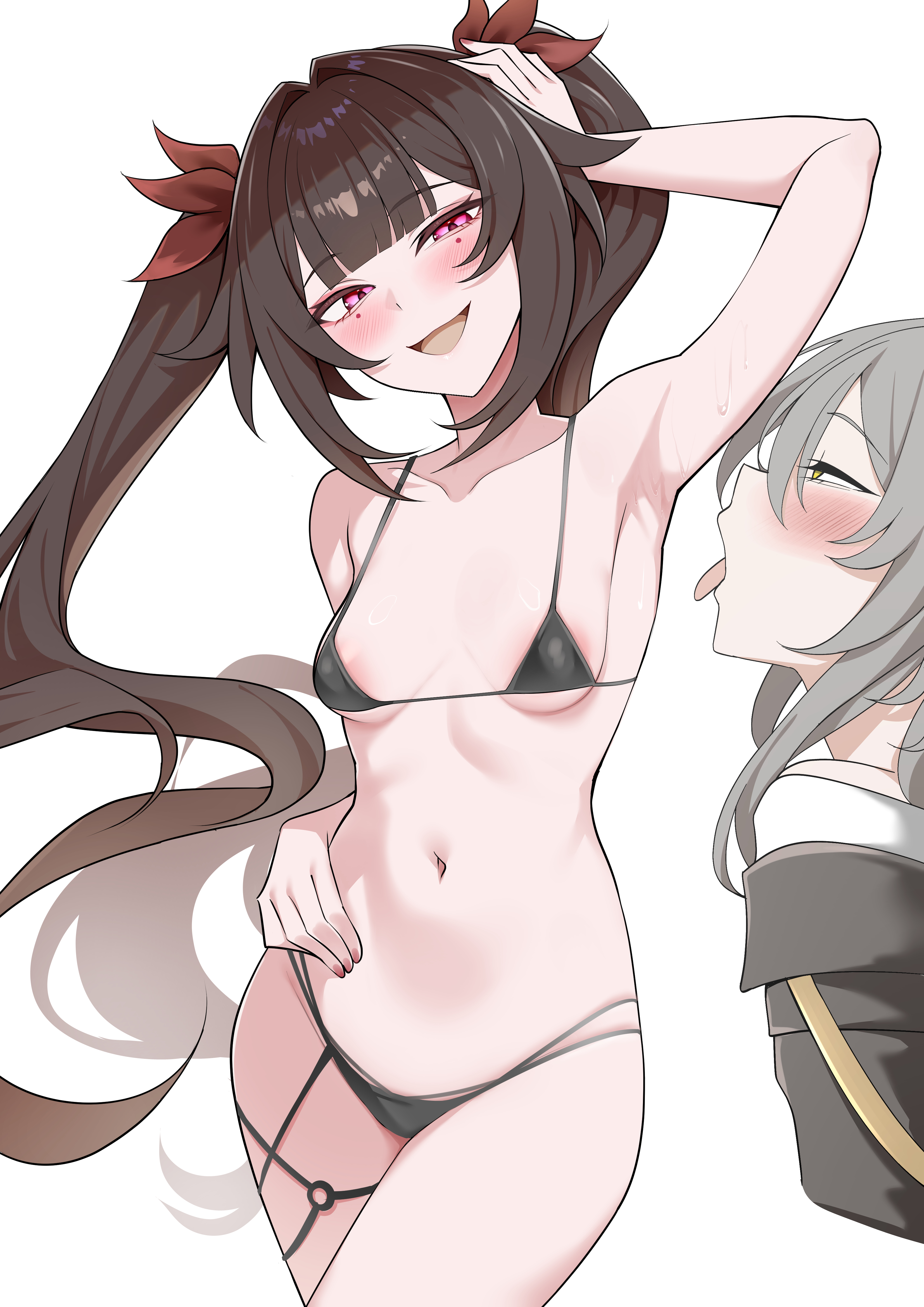 2girls, armpits, black hair, female, female focus, female only, honkai (series), honkai: star rail, limelam06, micro bikini, sparkle (honkai: star rail), stelle (honkai: star rail), twintails