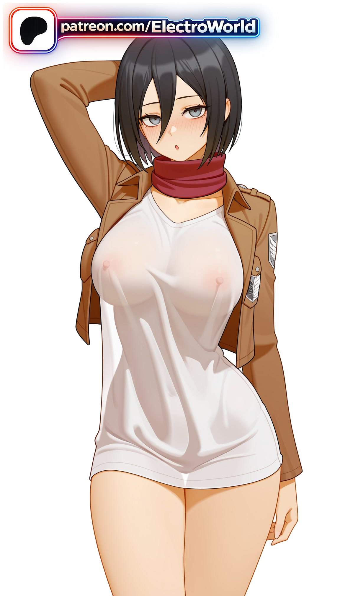 1girls, 2026, ai generated, artist name, attack on titan, black hair, blush, breasts, brown jacket, bust, chest, covered nipples, electroworld, emblem, exposed nipples, female, hi res, high quality, high resolution, highres, jacket, mikasa ackerman, nipples, nipples outside, paradis military uniform, patreon, patreon username, red scarf, scarf, see-through, shingeki no kyojin, shirt, short hair, solo, stable diffusion, watermark, white background