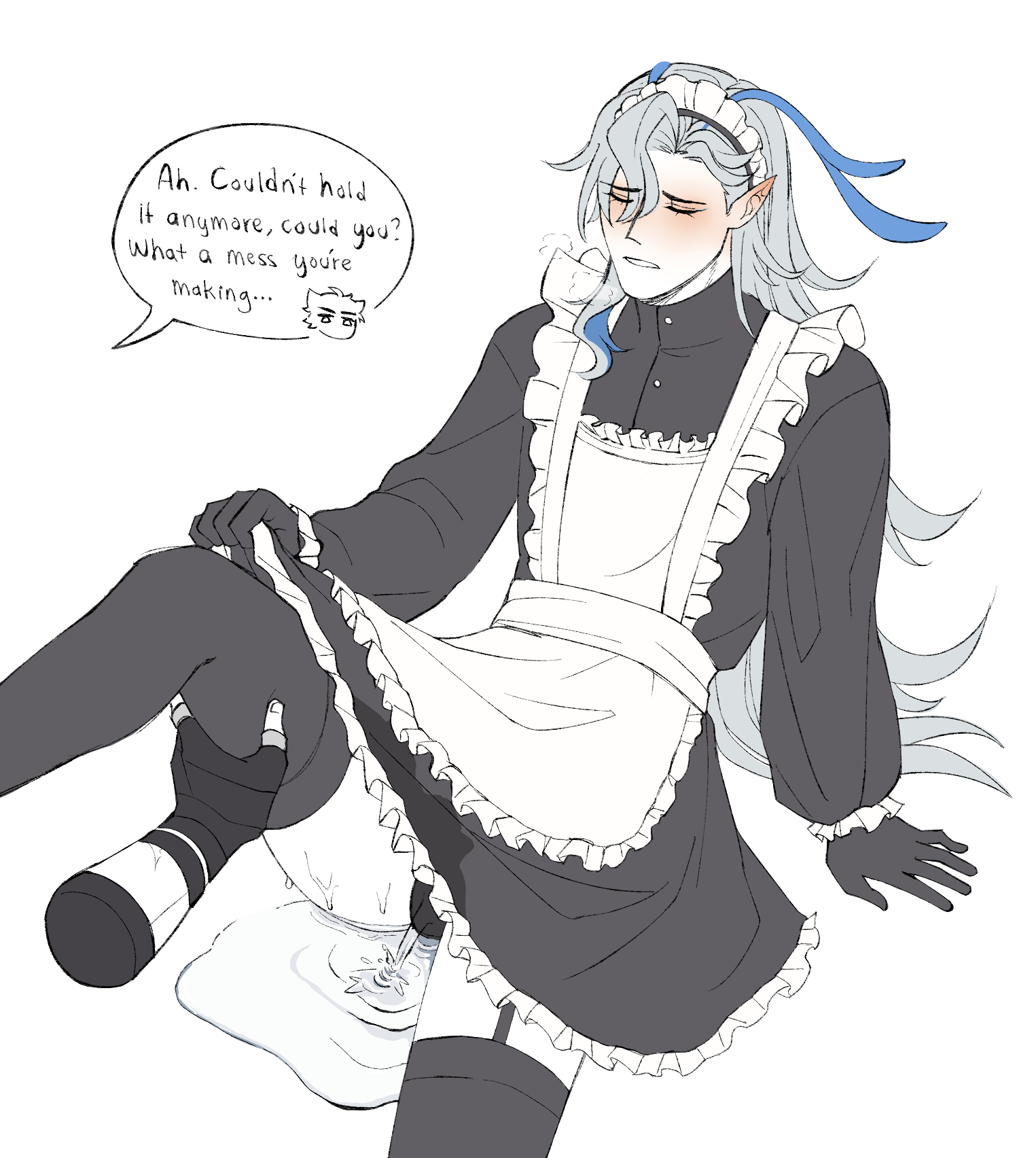2boys, crossdressing, english, english text, femboy, garter straps, gay, genshin impact, grabbing thigh, lifting skirt, light-skinned male, maid dress, maid uniform, male, male only, neuvillette (genshin impact), omorashi, peeing, solo, text bubble, thigh grab, wetting, wetting self, wriothesley (genshin impact), yaoi