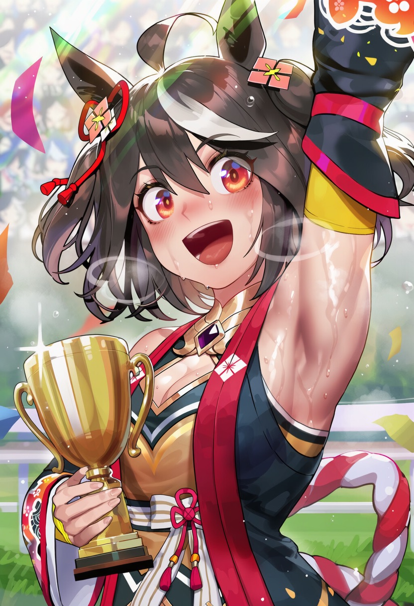 ahoge, ai generated, animal ears, armpits, big thighs, black hair, black thighhighs, blush, breasts, curves, curvy, curvy body, curvy figure, female, hair between eyes, hair ornament, horse ears, horse girl, japanese clothes, kimono, kitasan black (gilded shrine to glory) (umamusume), kitasan black (umamusume), large thighs, looking at viewer, multicolored hair, naticai, pussy, red eyes, shiny skin, short hair, solo, sweat, thick thighs, thighhighs, umamusume, umamusume pretty derby, uncensored, voluptuous, white hair, wide hips