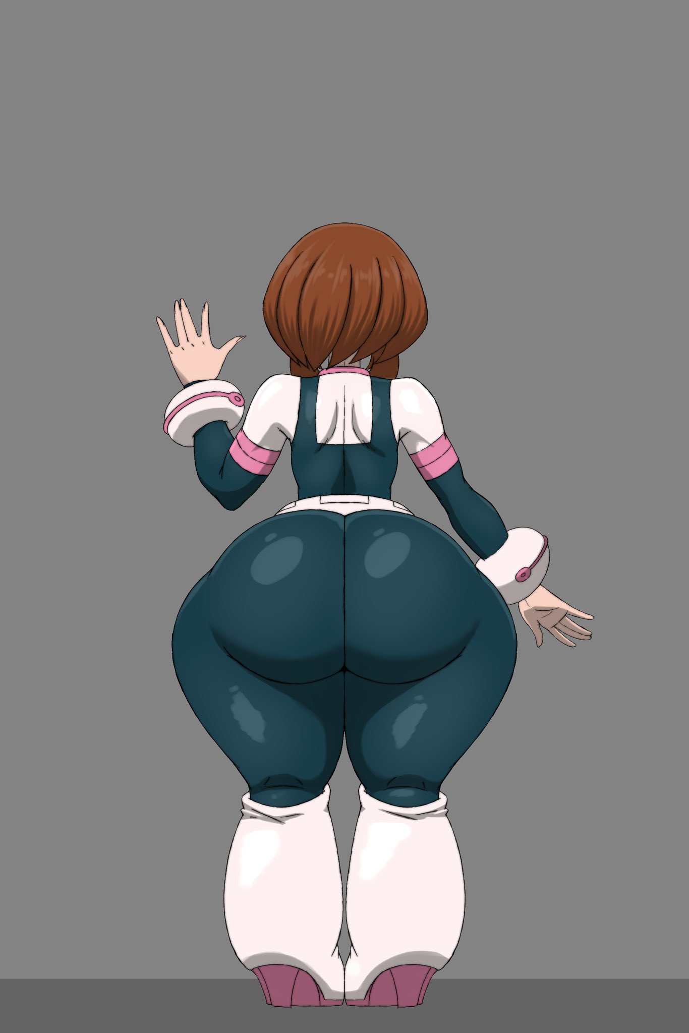 1female, 1girl, 1girls, 2026, ass, ass body, ass focus, back view, big ass, bottom heavy, breasts, brown hair, female, gray background, hero outfit (mha), huge ass, huge breasts, huge butt, light skin, light-skinned female, mrn00b0d1, my hero academia, n00b x5 (lt4l14n0), ochako uraraka, solo, solo female, tagme