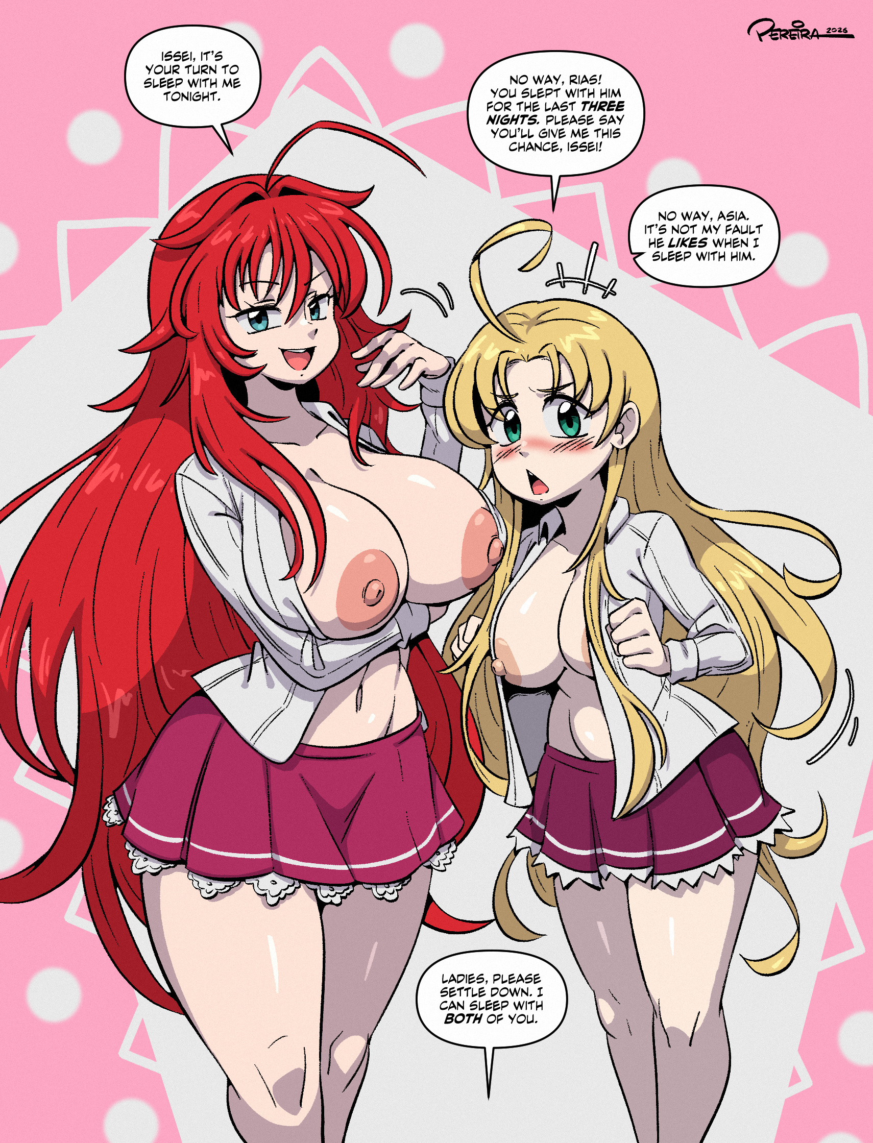2girls, ahoge, areolae, asia argento, blonde hair, blue eyes, blush, breasts, english dialogue, english text, female, female only, gradient background, green eyes, high school dxd, hyoudou issei, joaoppereiraus, large breasts, long hair, looking at viewer, nipples, no bra, open clothes, open mouth, open smile, red hair, rias gremory, skirt, smiling, smiling at viewer, speech bubble, text bubble