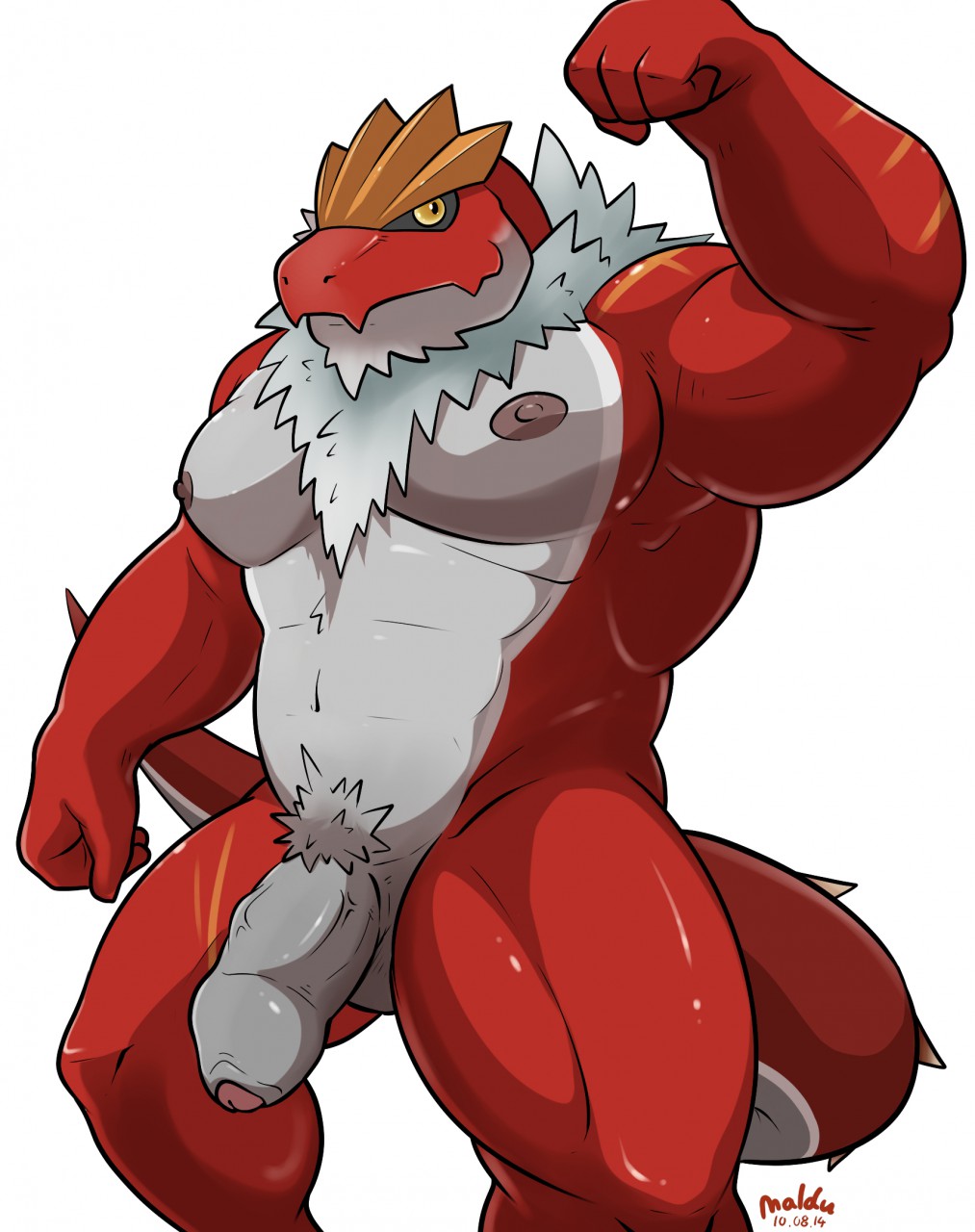 1boy anthro balls big_muscles chest_tuft cyrus_rhodes dilf dinosaur flaccid flexing fur glans hairy humanoid_penis maldu male male_only muscles nintendo nipples nude pecs penis pokemon pubes scalie solo tuft tyrantrum uncut video_games